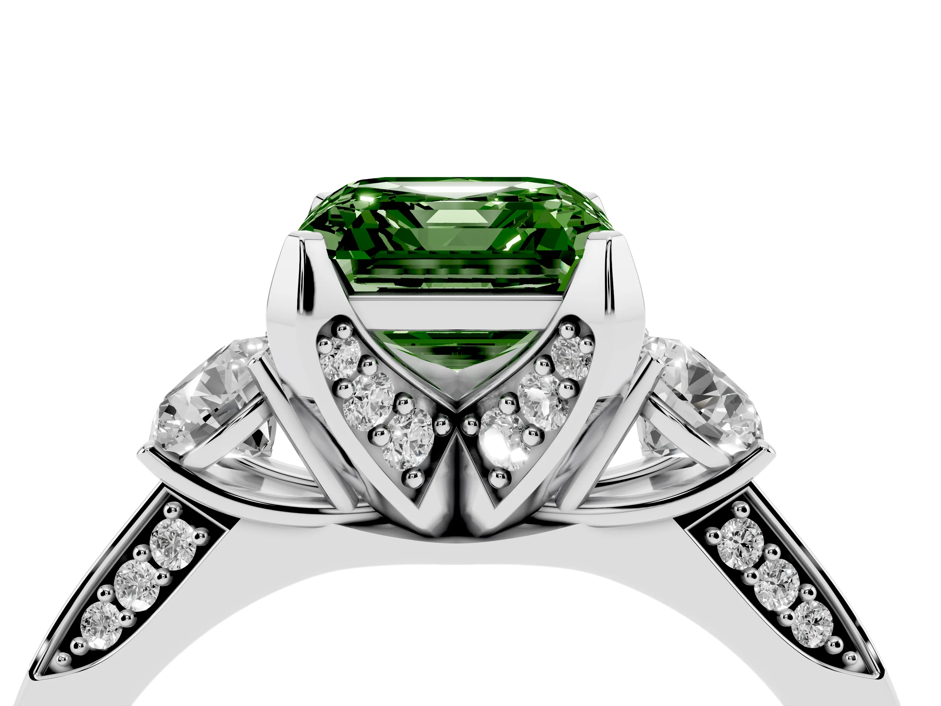 Fancy Green Asscher Cut Diamond Three-Stone Ring Set in Silver with Pavé Band and Smaller Side Stones