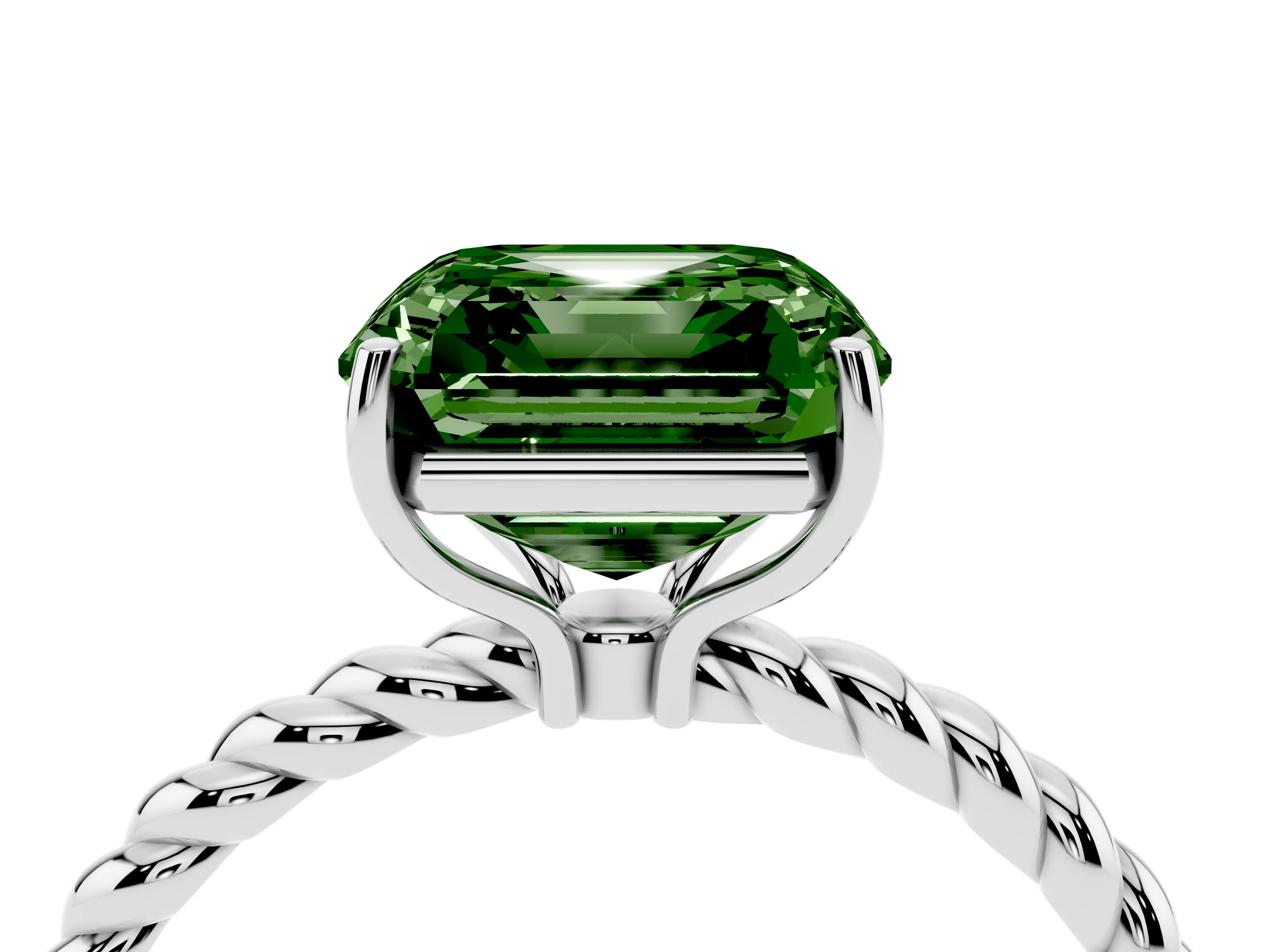 Fancy Green Asscher Cut Diamond Solitaire Ring Set in White gold with Twist Band and Prong Setting