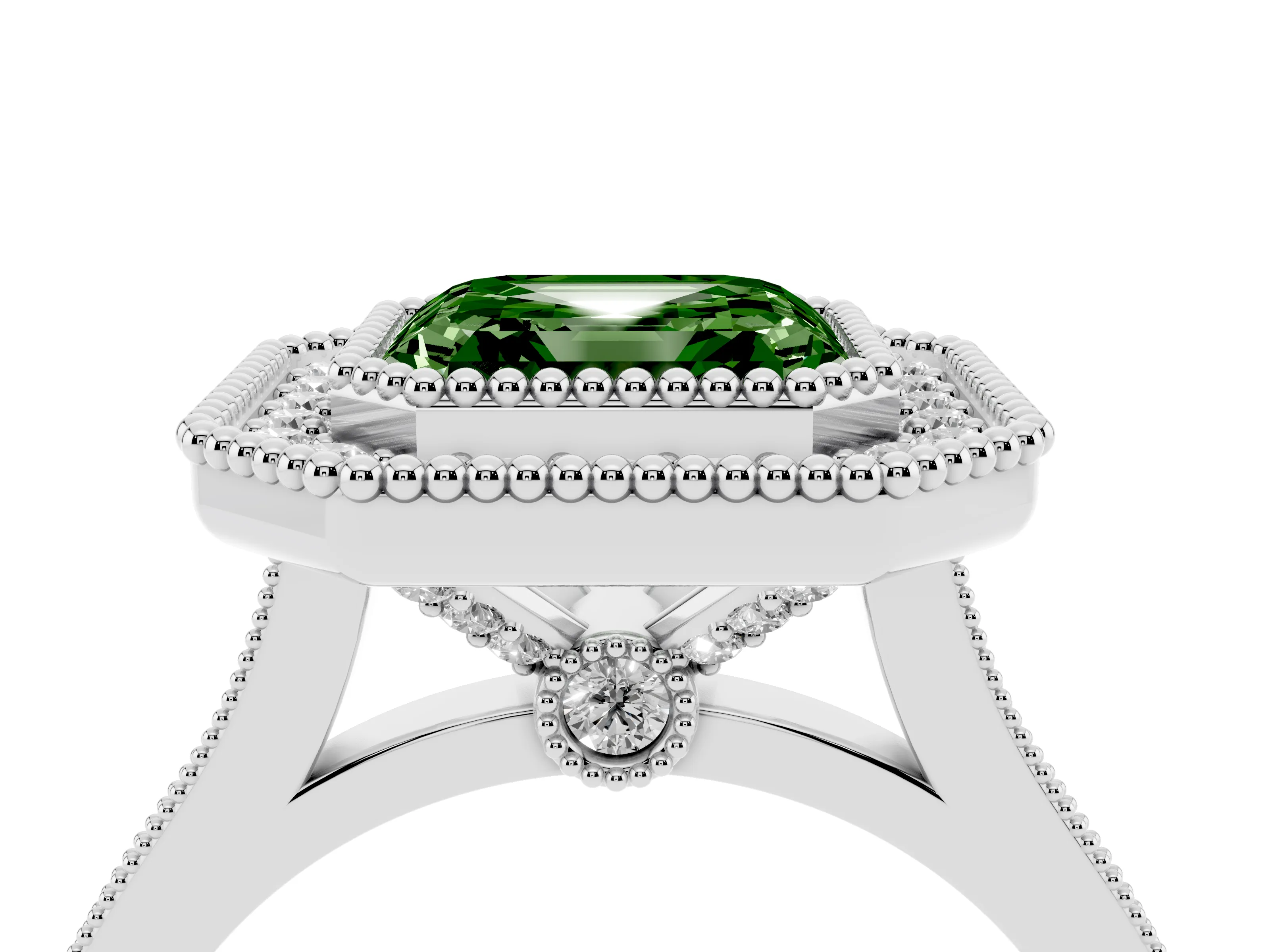 Fancy Green Asscher Cut Diamond Halo Ring Set in White gold with Milgrain Frame and Pavé Band