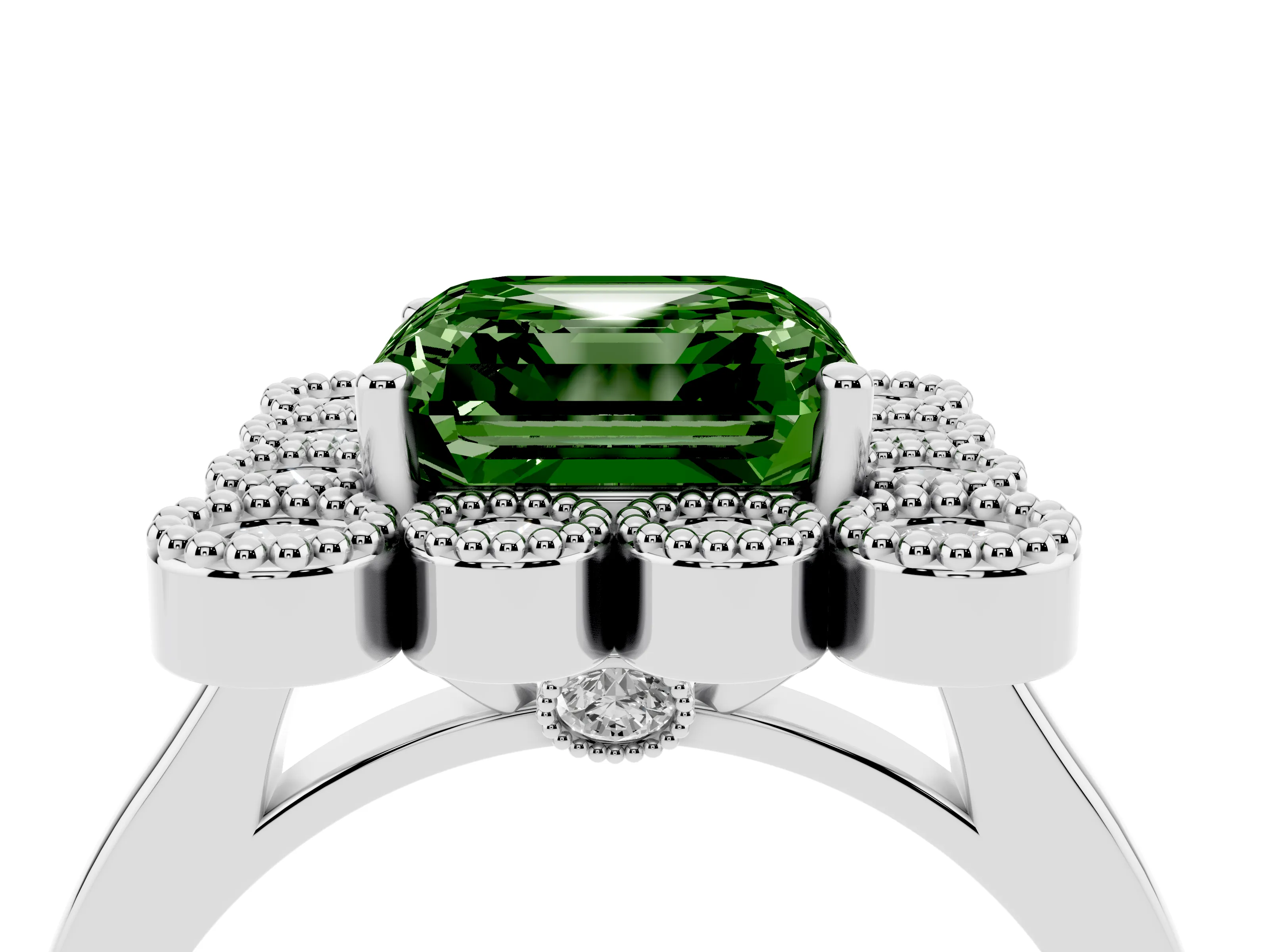 Fancy Green Asscher Cut Diamond Cluster Halo Ring Set in White gold with Milgrain Bezel Accents and Plain Band