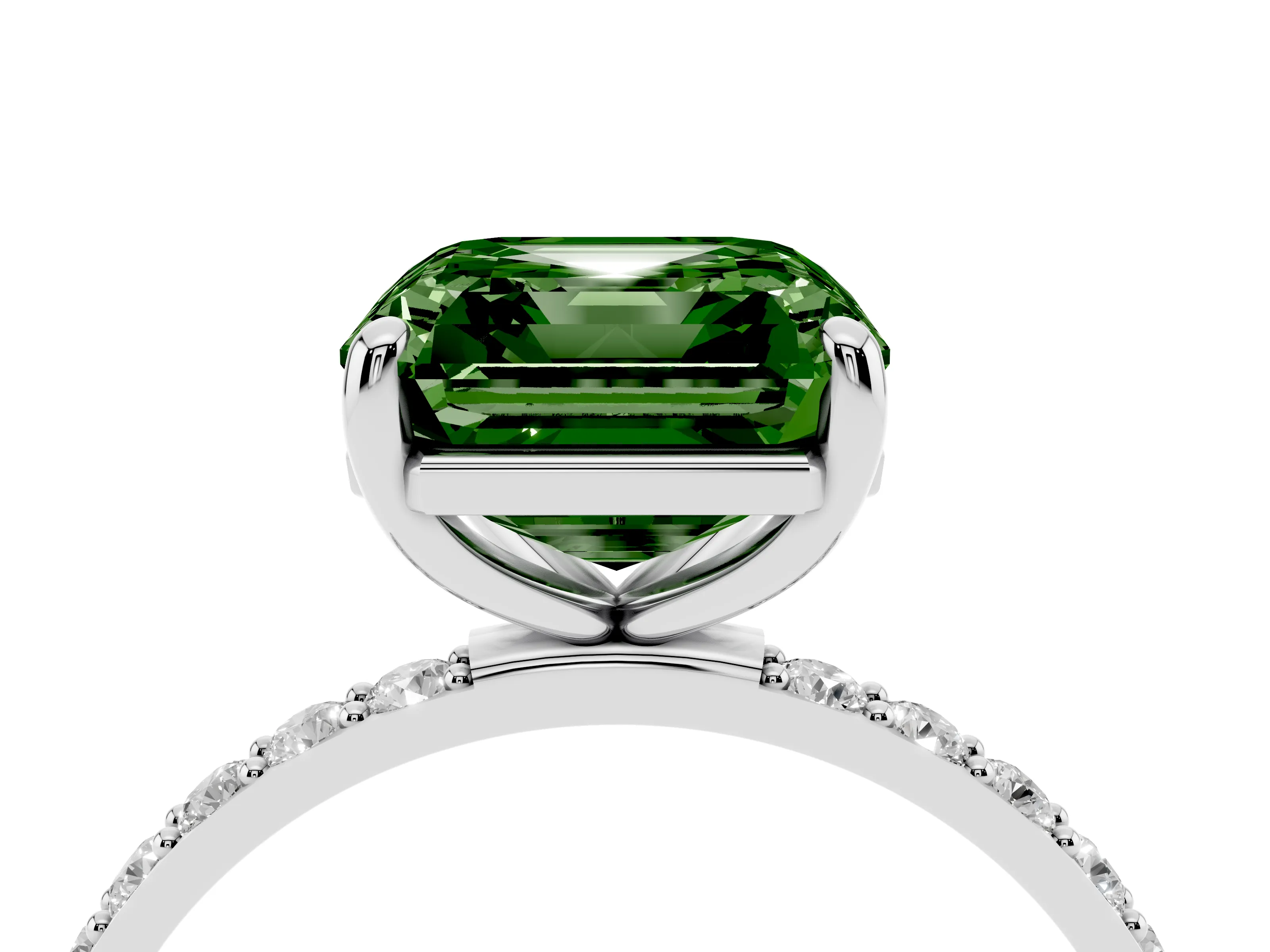 Fancy Green Asscher Cut Diamond Solitaire Ring Set in Silver with Round Pavé Band and Prong Setting