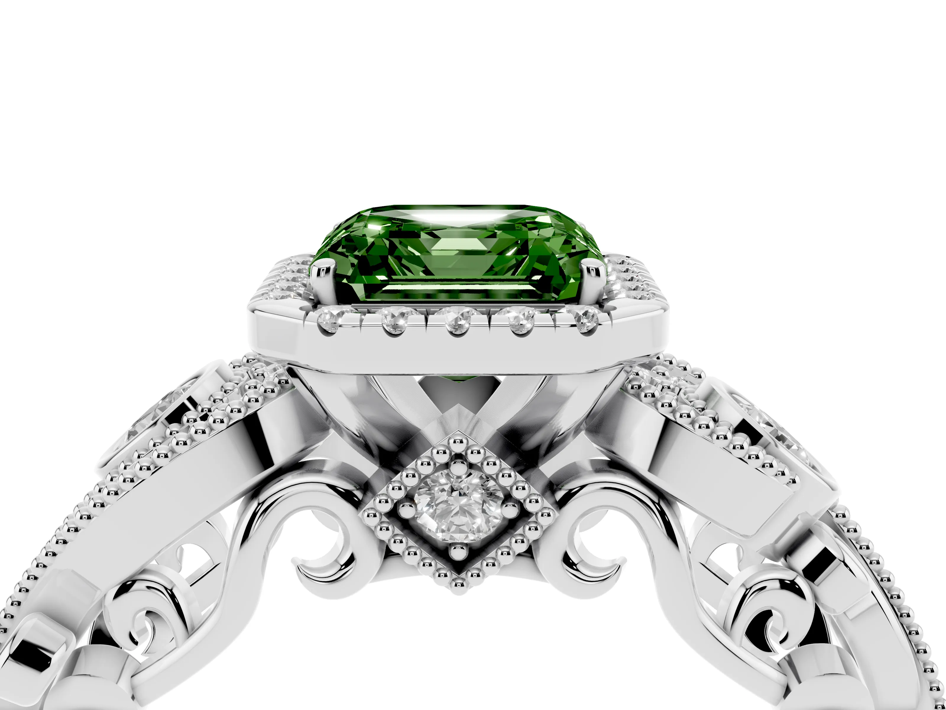 Fancy Green Asscher Cut Diamond Halo Ring Set in Platinum with Milgrain Pavé Band and Prong Setting