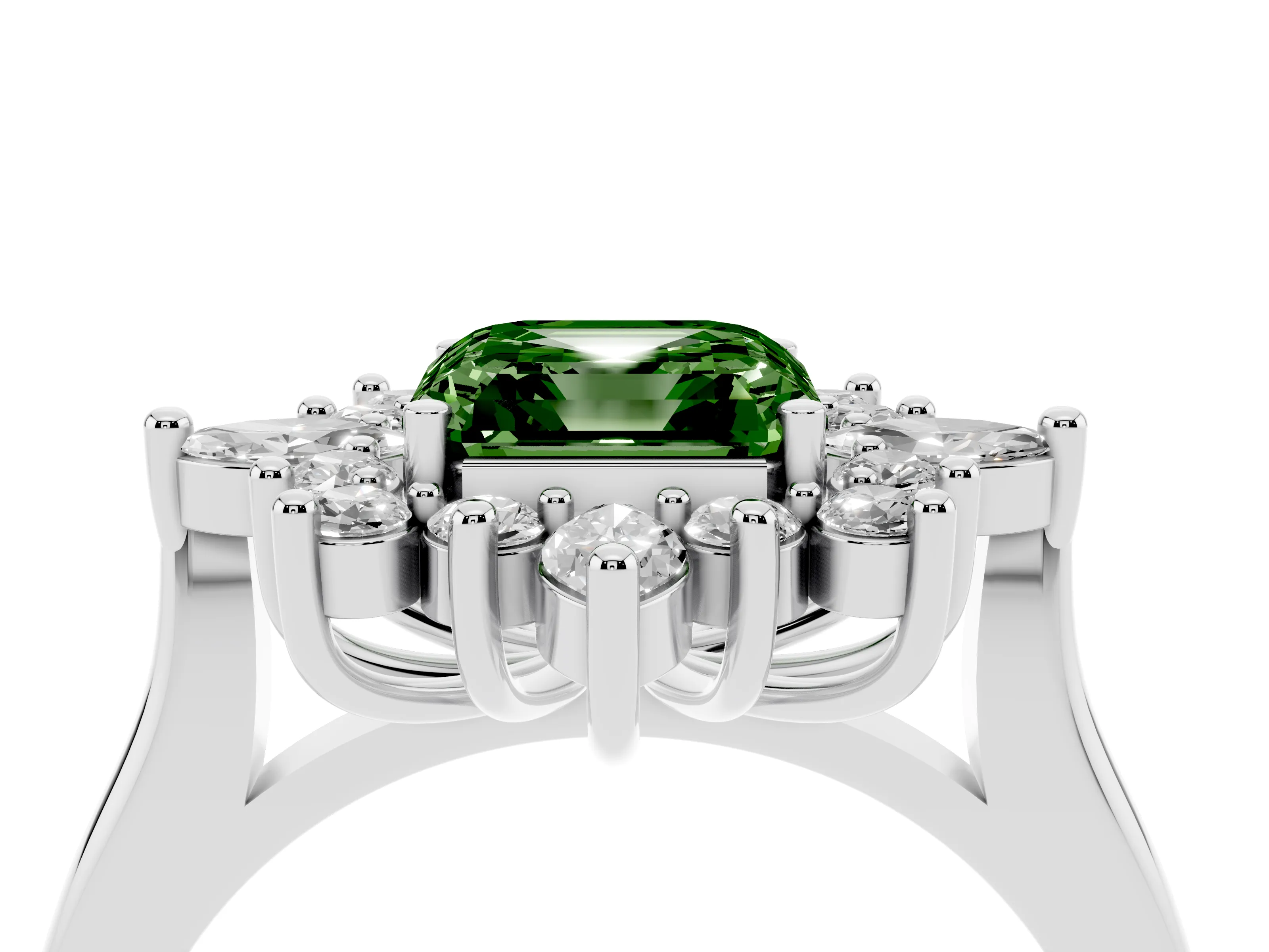 Fancy Green Asscher Cut Diamond Cluster Halo Ring Set in White gold with Marquise and Round Accents