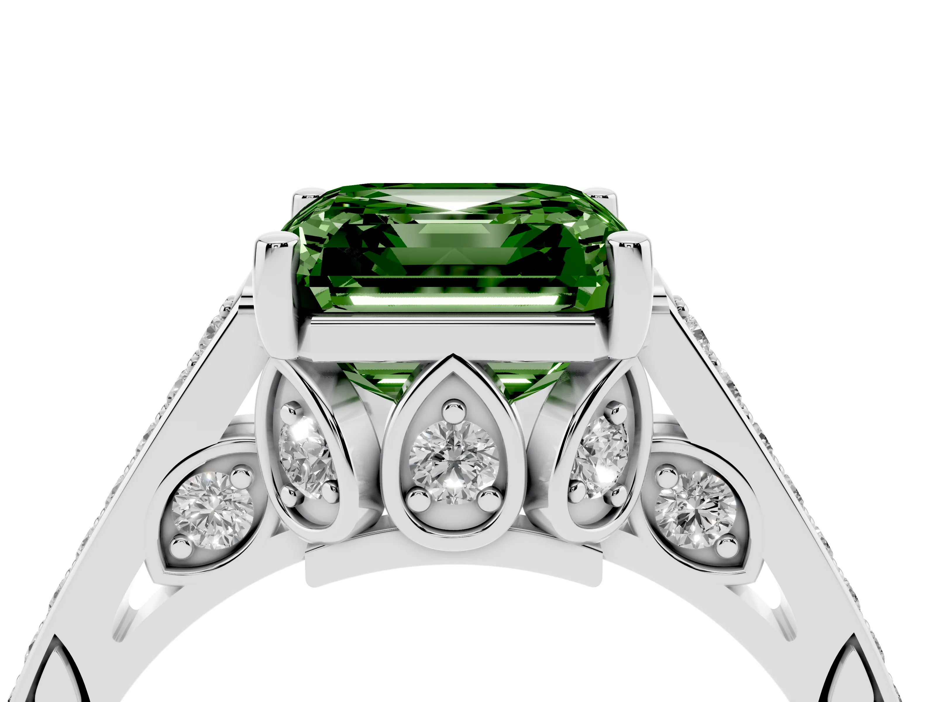 Fancy Green Asscher Cut Diamond Cathedral Pavé Engagement Ring Set in Silver with Prong Setting