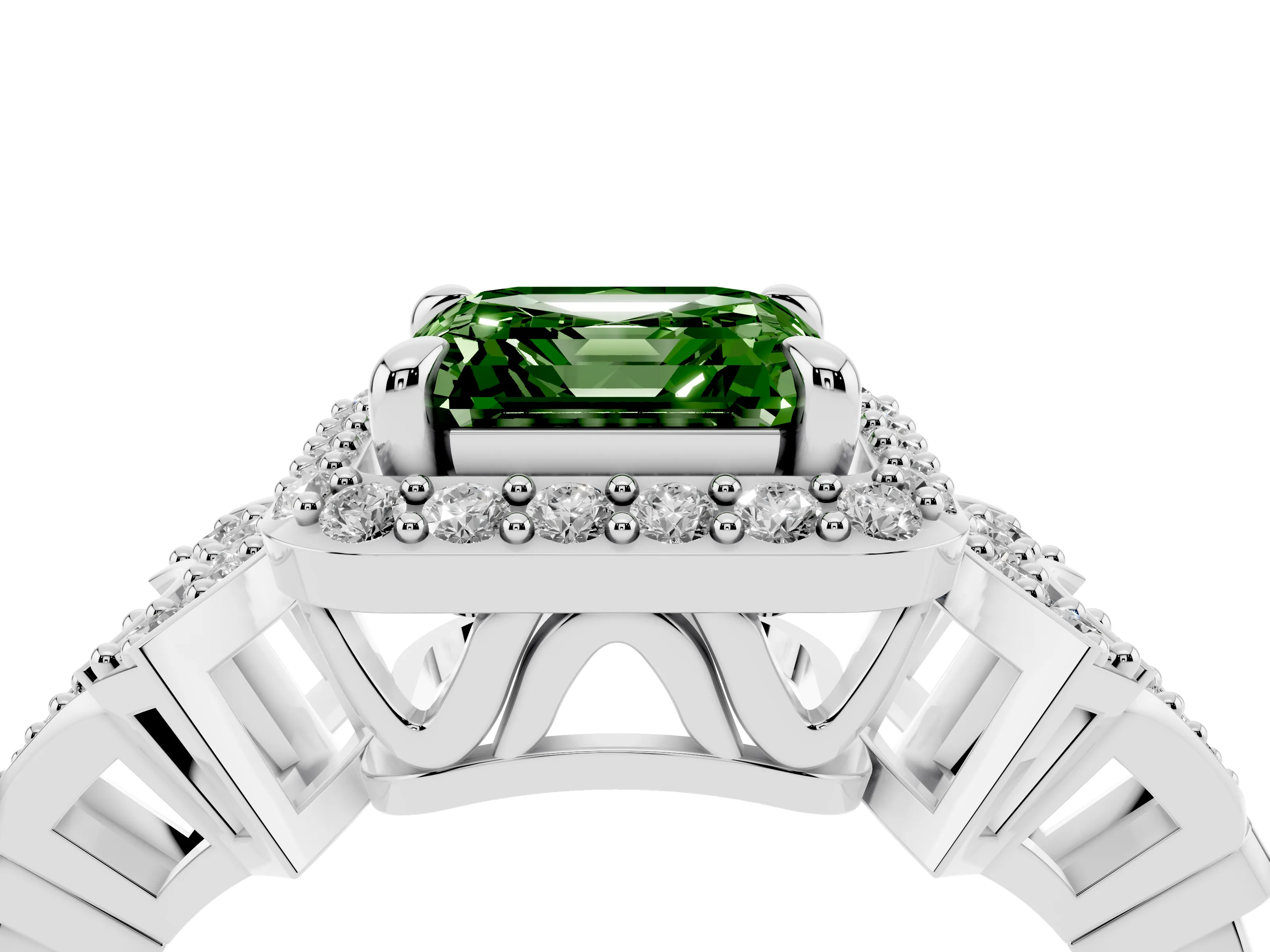 Fancy Green Asscher Cut Diamond Halo Engagement Ring Set in White gold with Accent Stone Split Shank