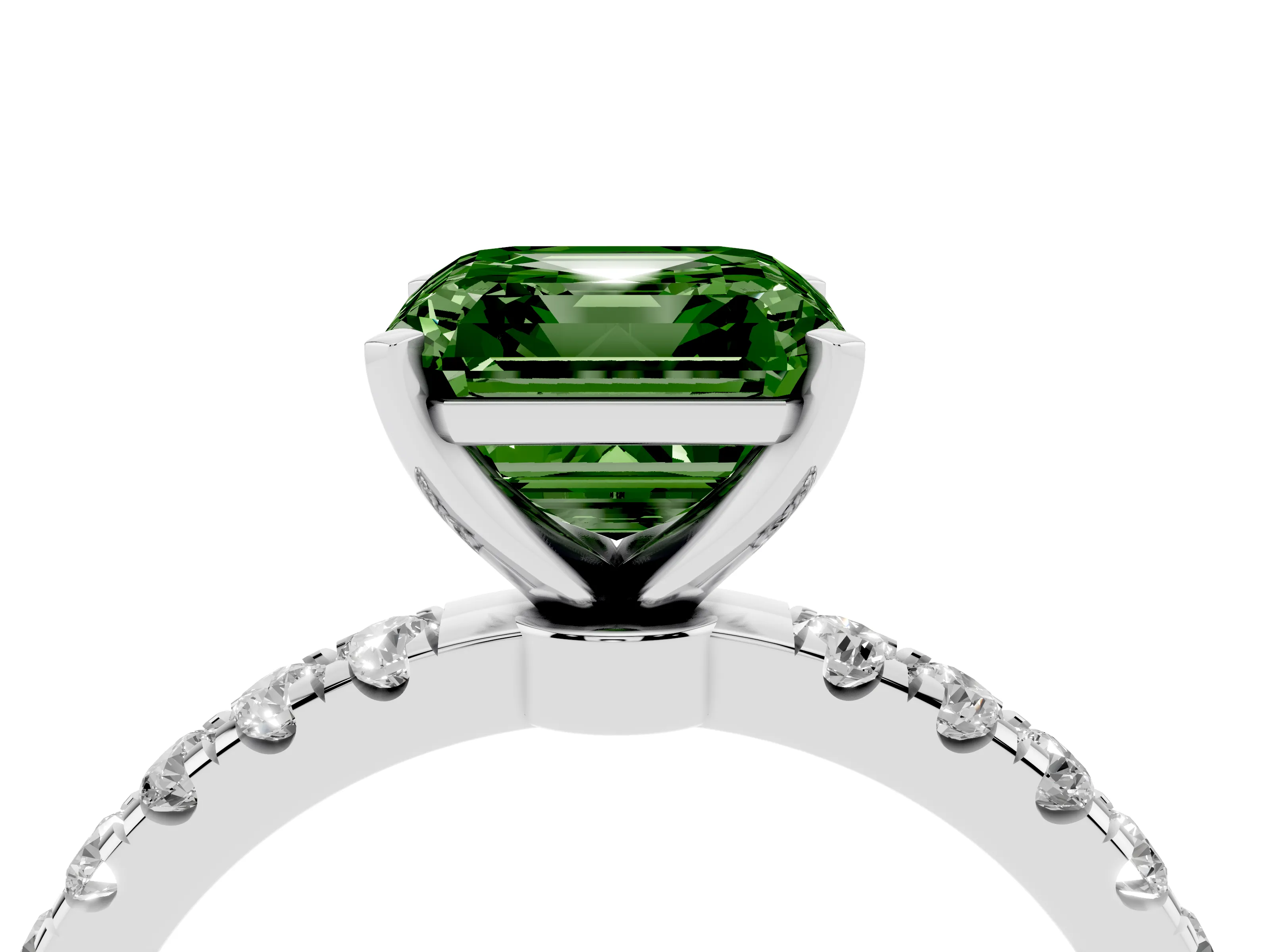 Fancy Green Asscher Cut Diamond Solitaire Ring Set in Platinum with Pavé Accents and Prong Setting
