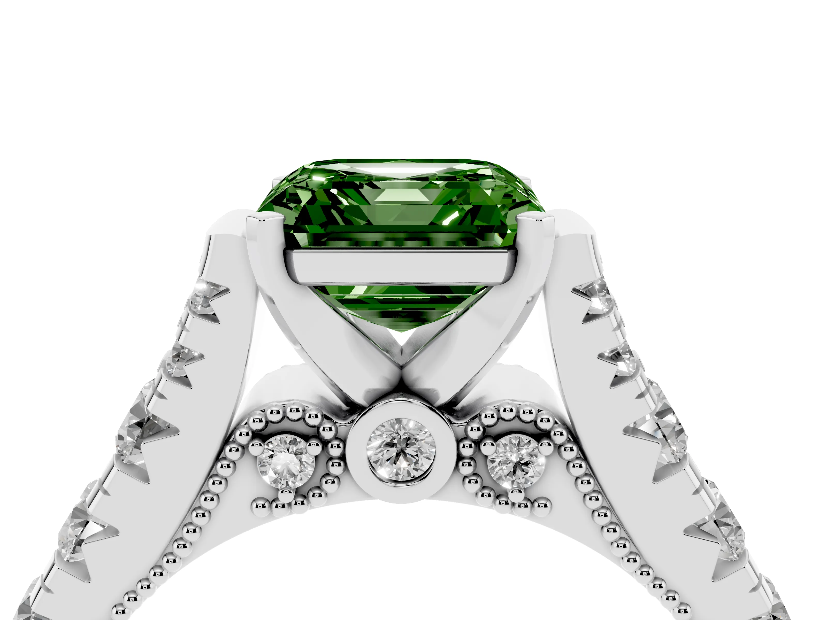 Fancy Green Asscher Cut Diamond Classic Solitaire Ring Set in White gold with Pavé Band and Prong Setting