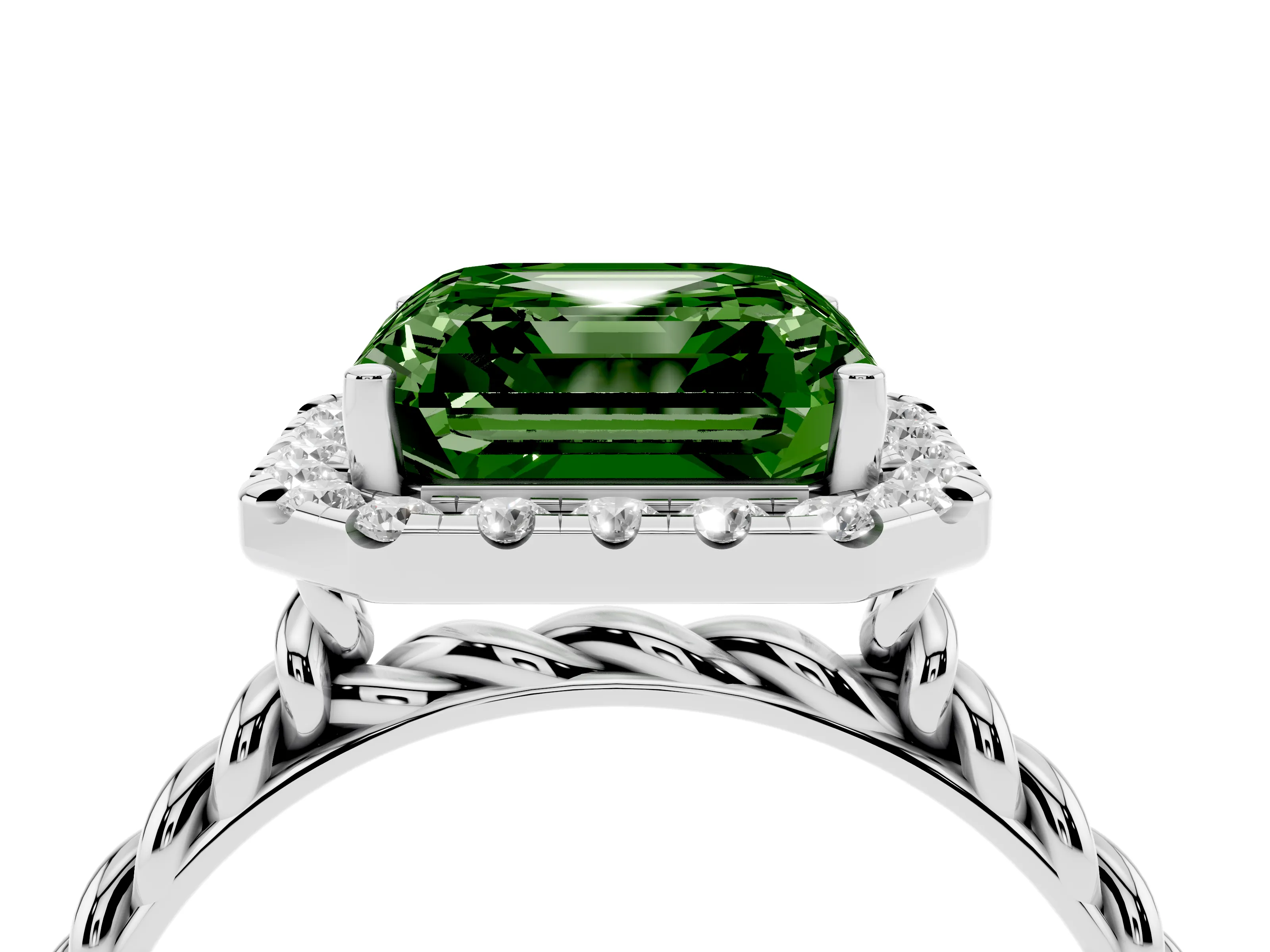 Fancy Green Asscher Cut Diamond Halo Ring Set in Platinum with Plain Twisted Band