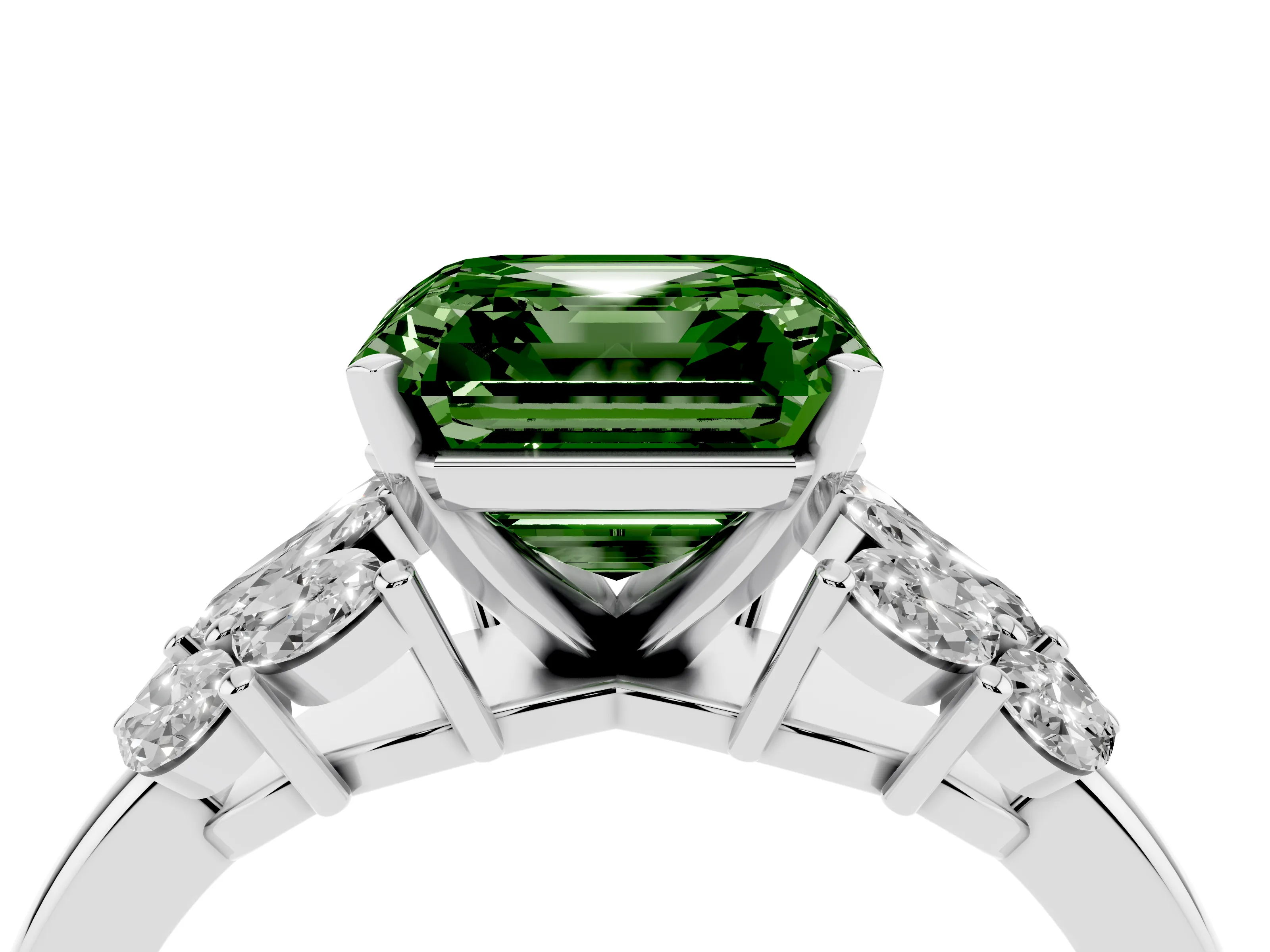 Fancy Green Asscher Cut Diamond Cluster Leaf Design Ring Set in White gold with Prong Setting