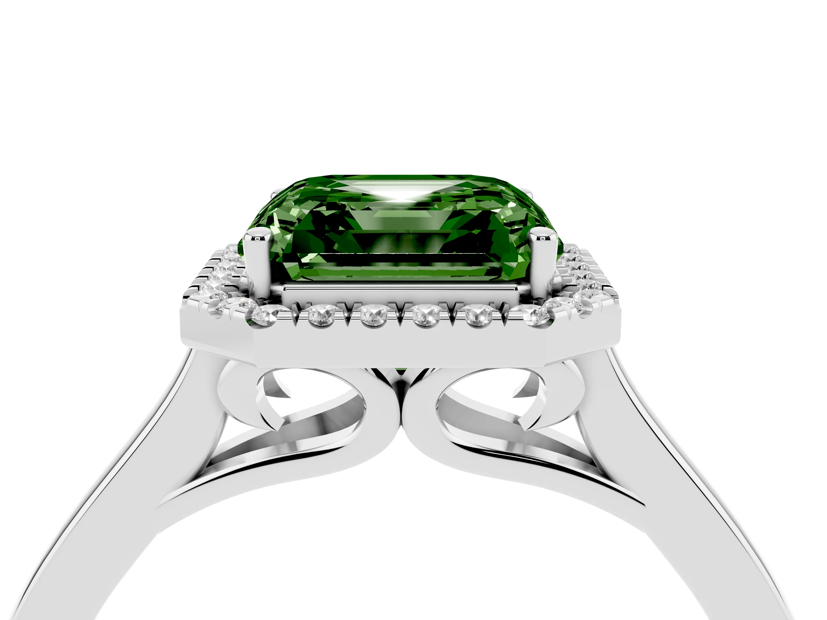 Fancy Green Asscher Cut Halo Round Diamond Solitaire Ring Set in White gold with Pavé Band and Prong Setting