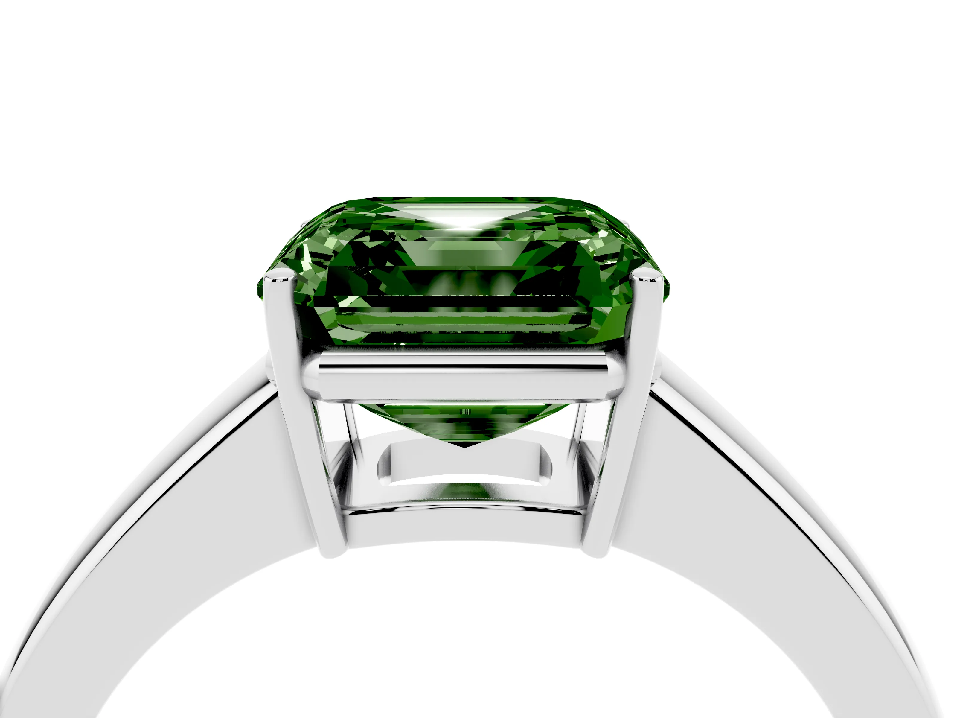 Fancy Green Asscher Cut Diamond Solitaire Ring Set in White gold with Tapered Band and Prong Setting