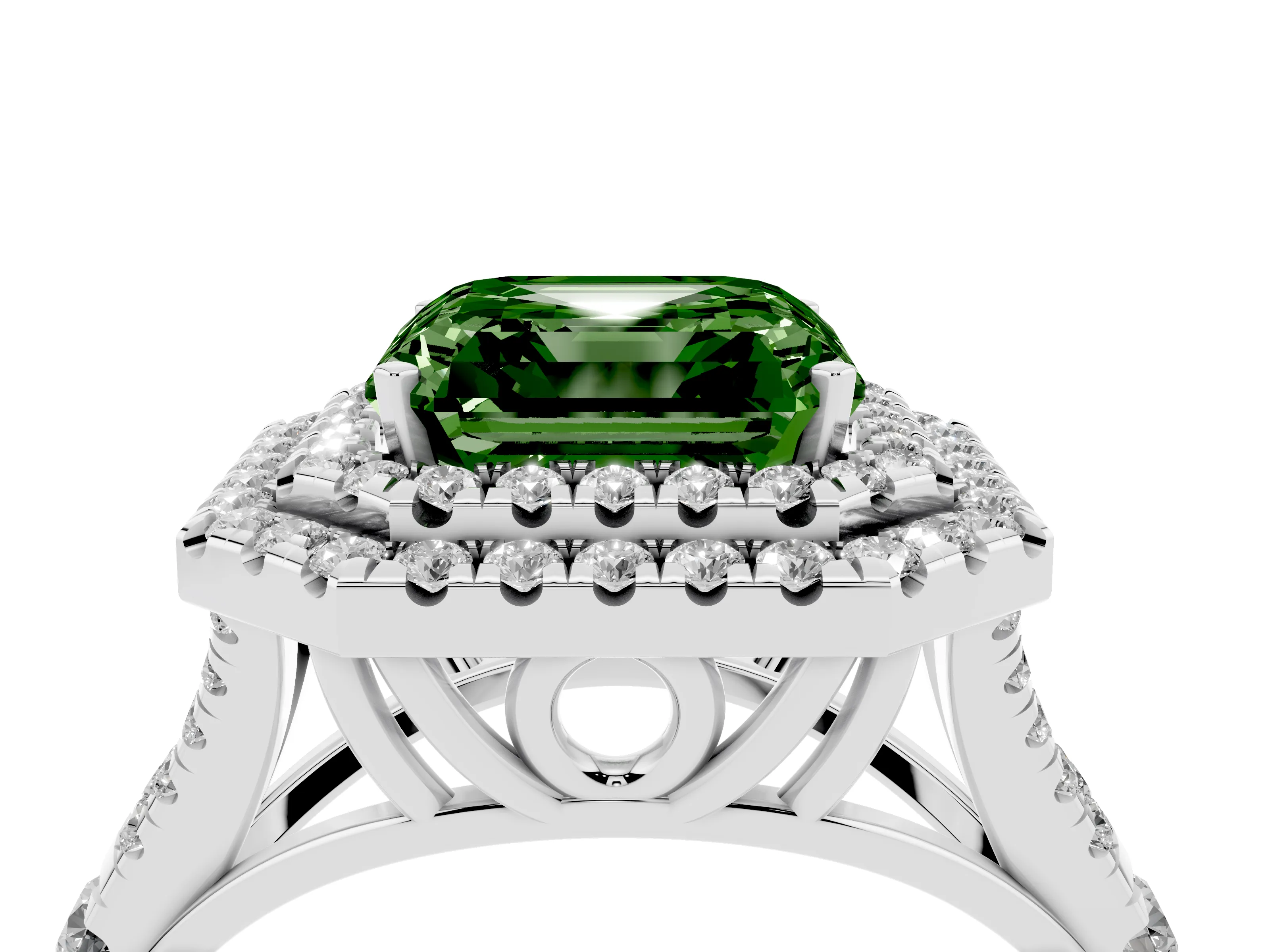 Fancy Green Asscher Cut Diamond Pavé Split Shank Double Halo Engagement Ring Set in White gold