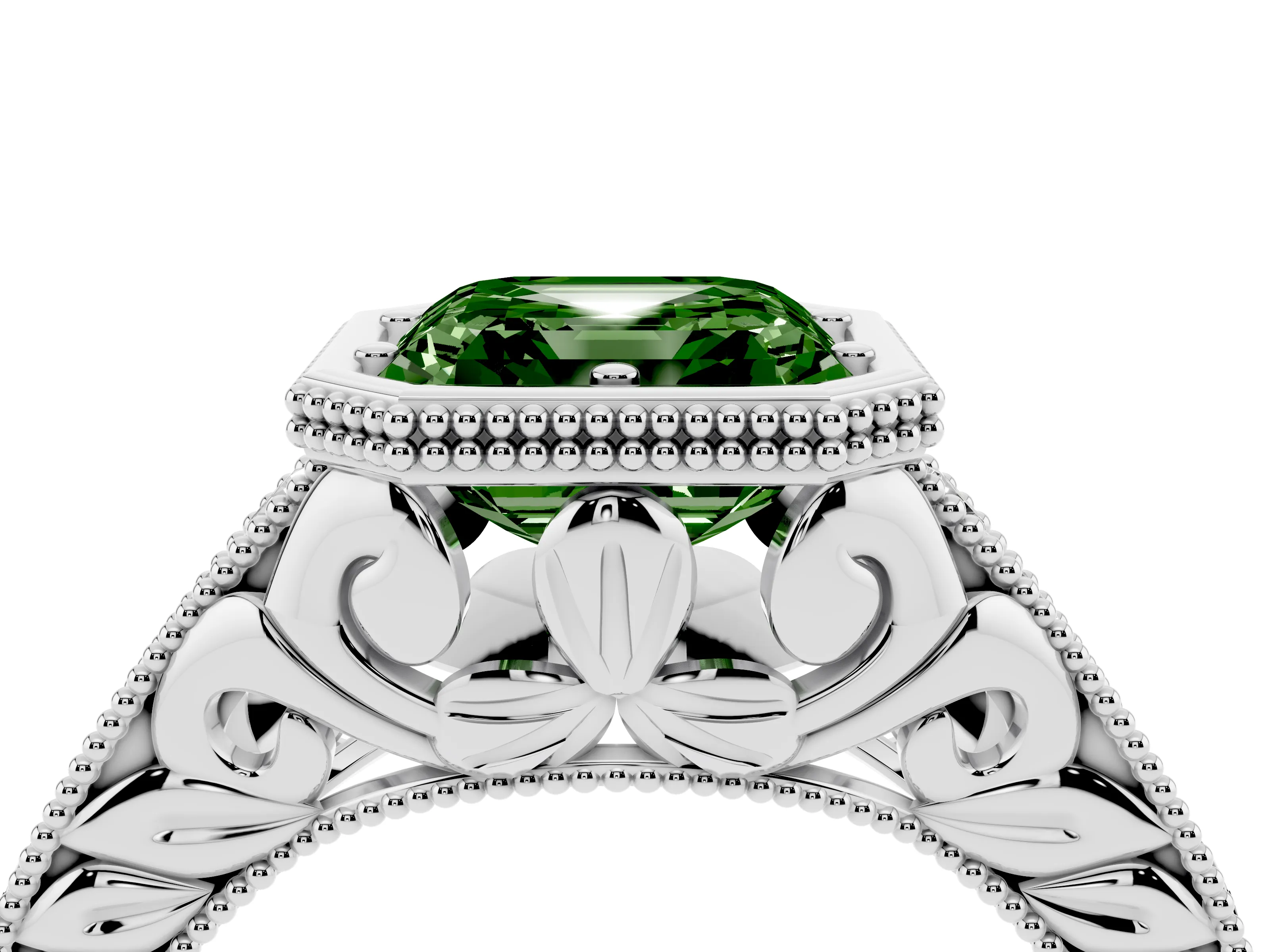 Fancy Green Bezel Set Asscher Cut Diamond Milgrain Pavé Engagement Ring Set in Silver