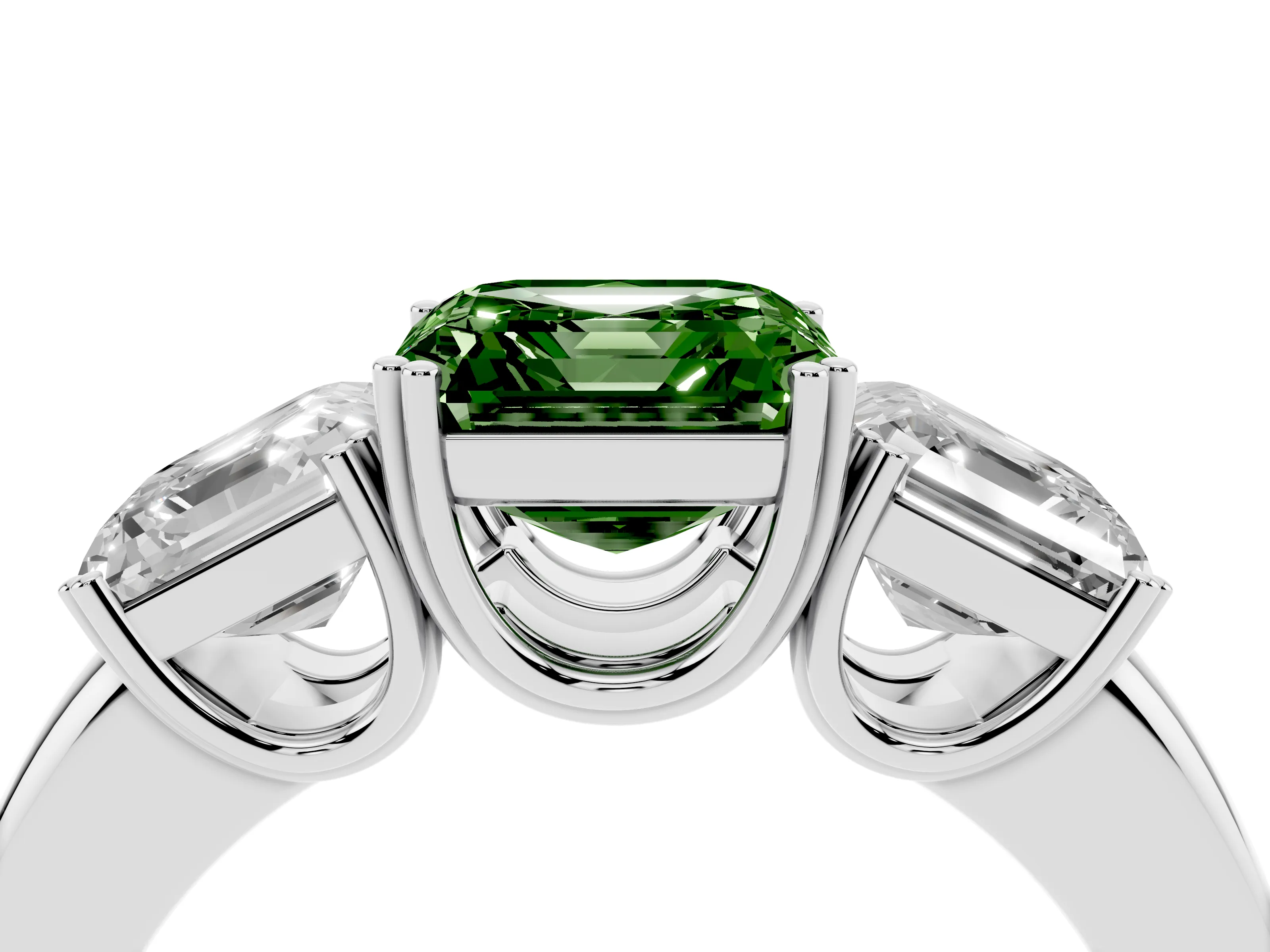 Fancy Green Asscher Cut Diamond Three-Stone Ring Set in Silver with Polished Band and Prong Setting