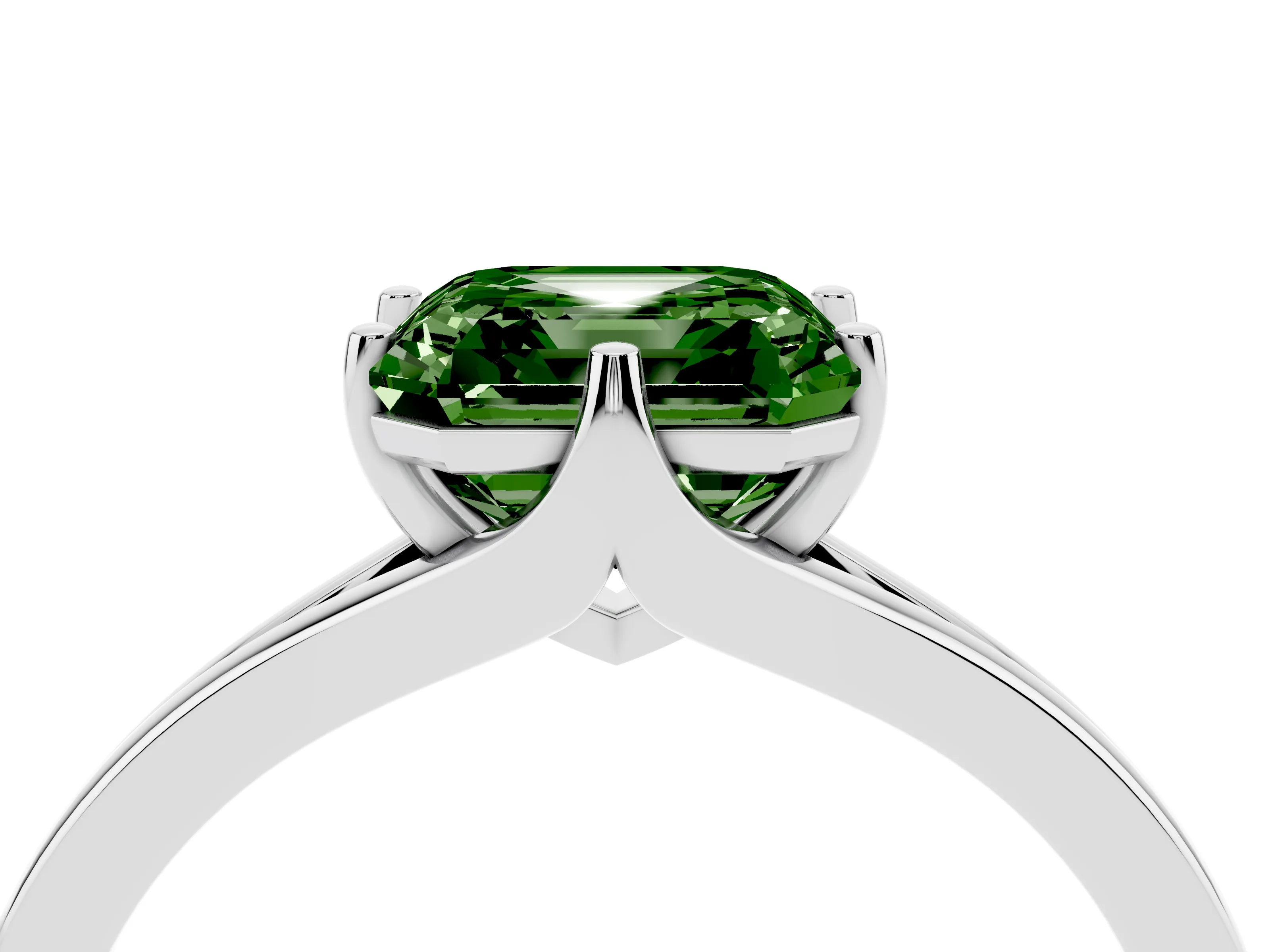 Fancy Green Asscher Cut Diamond Solitaire Ring Set in White gold with Polished Tapered Band and Prong Setting