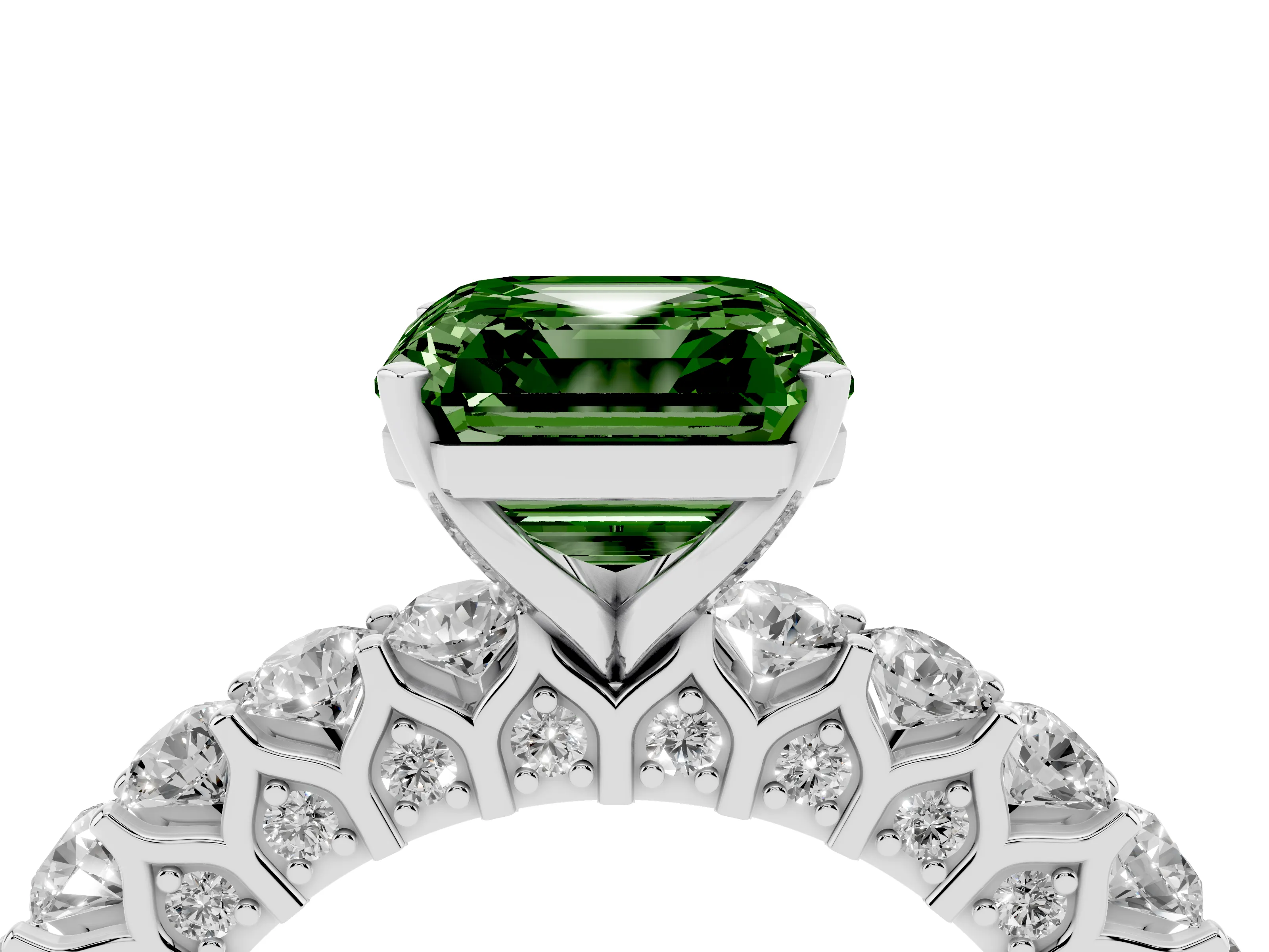 Fancy Green Asscher Cut Diamond Solitaire Ring Set in Silver with Shared Prong Pavé Band