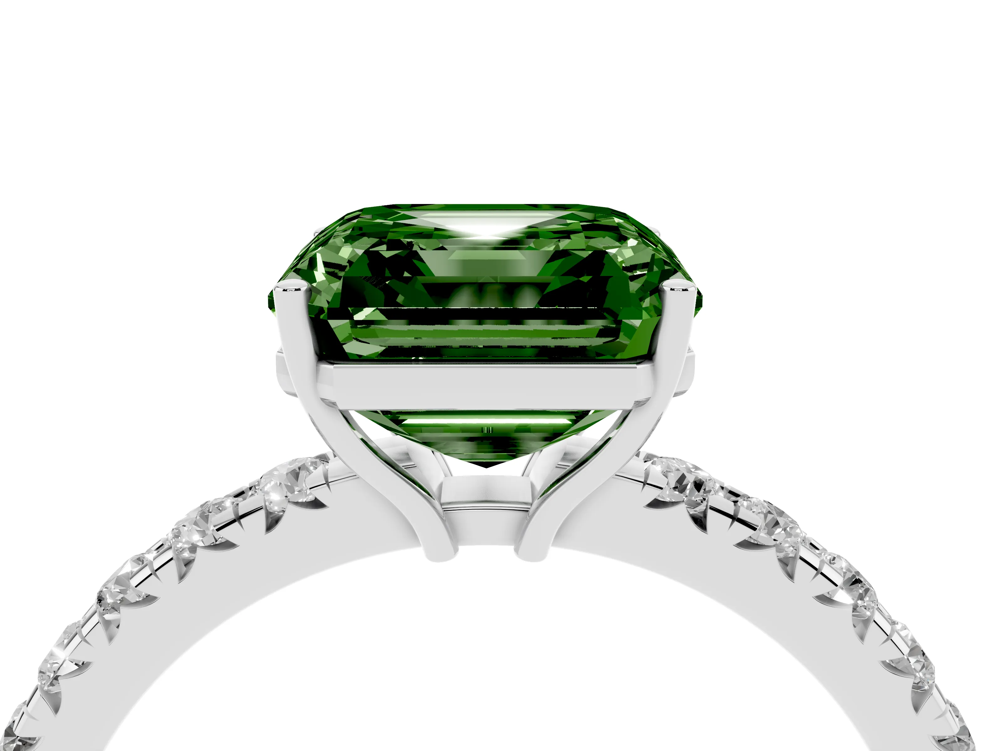 Fancy Green Asscher Cut Diamond Pavé Solitaire Engagement Ring Set in Platinum with Prong Setting
