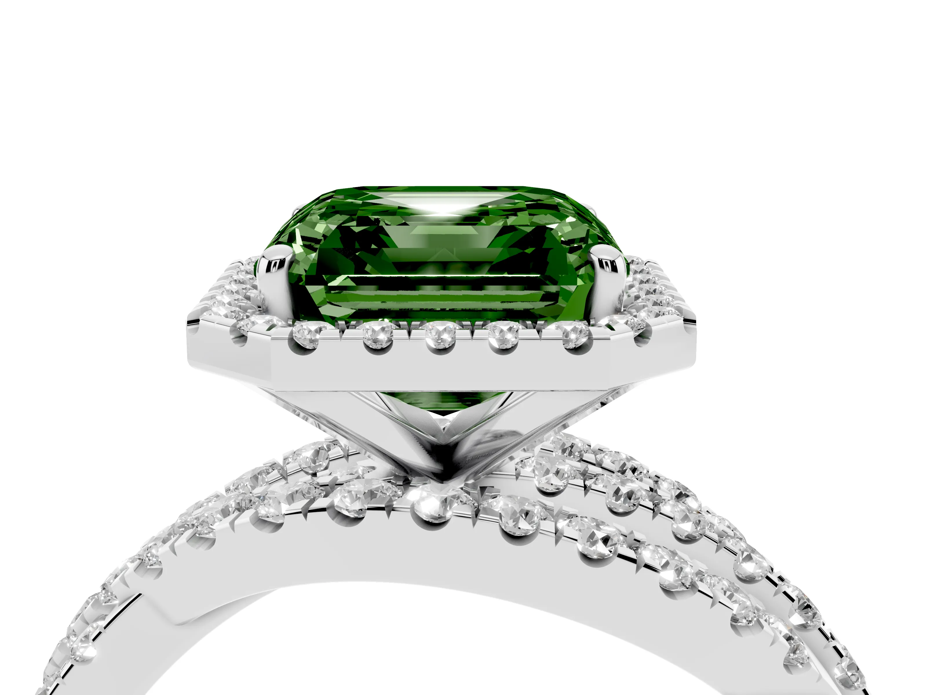 Fancy Green Asscher Cut Diamond Halo Ring Set in White gold with Round Crossover Split Shank and Prong Setting