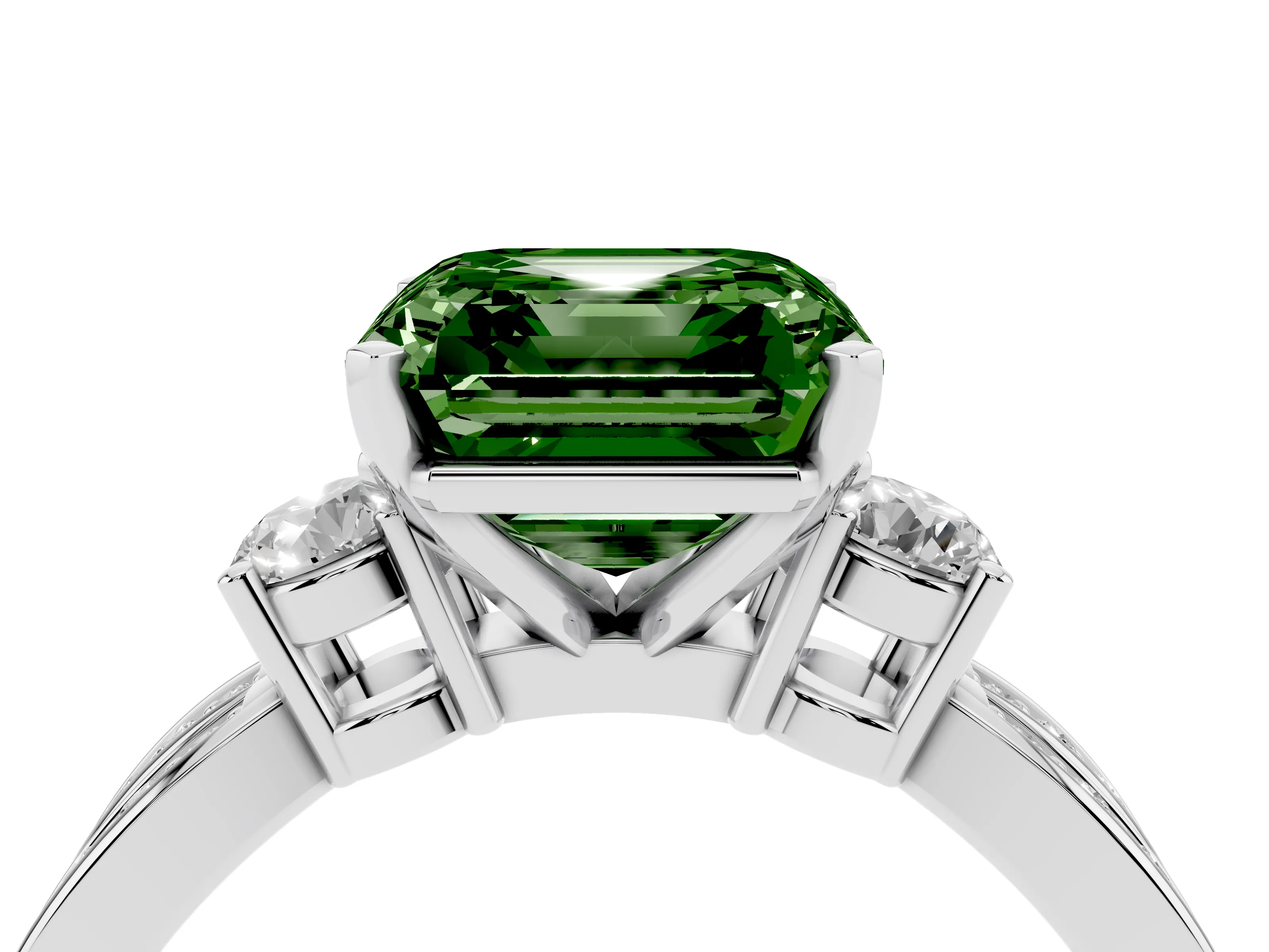 Fancy Green Three-Stone Asscher Cut Diamond Twist Band Ring Set in White gold with Pavé Accents and Prong Setting