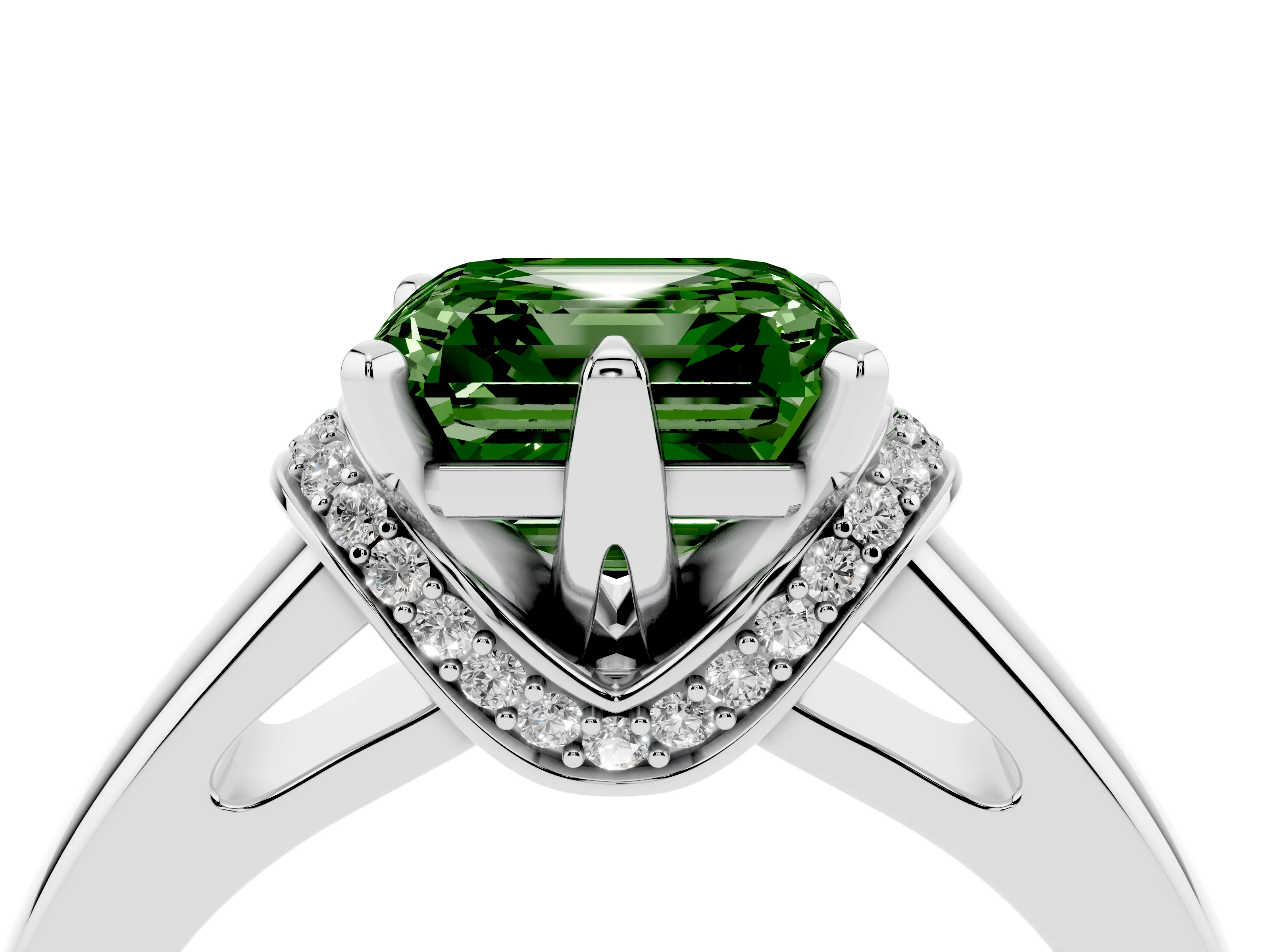 Fancy Green Asscher Cut Diamond Pavé Band Solitaire Ring Set in Silver with Prong Setting