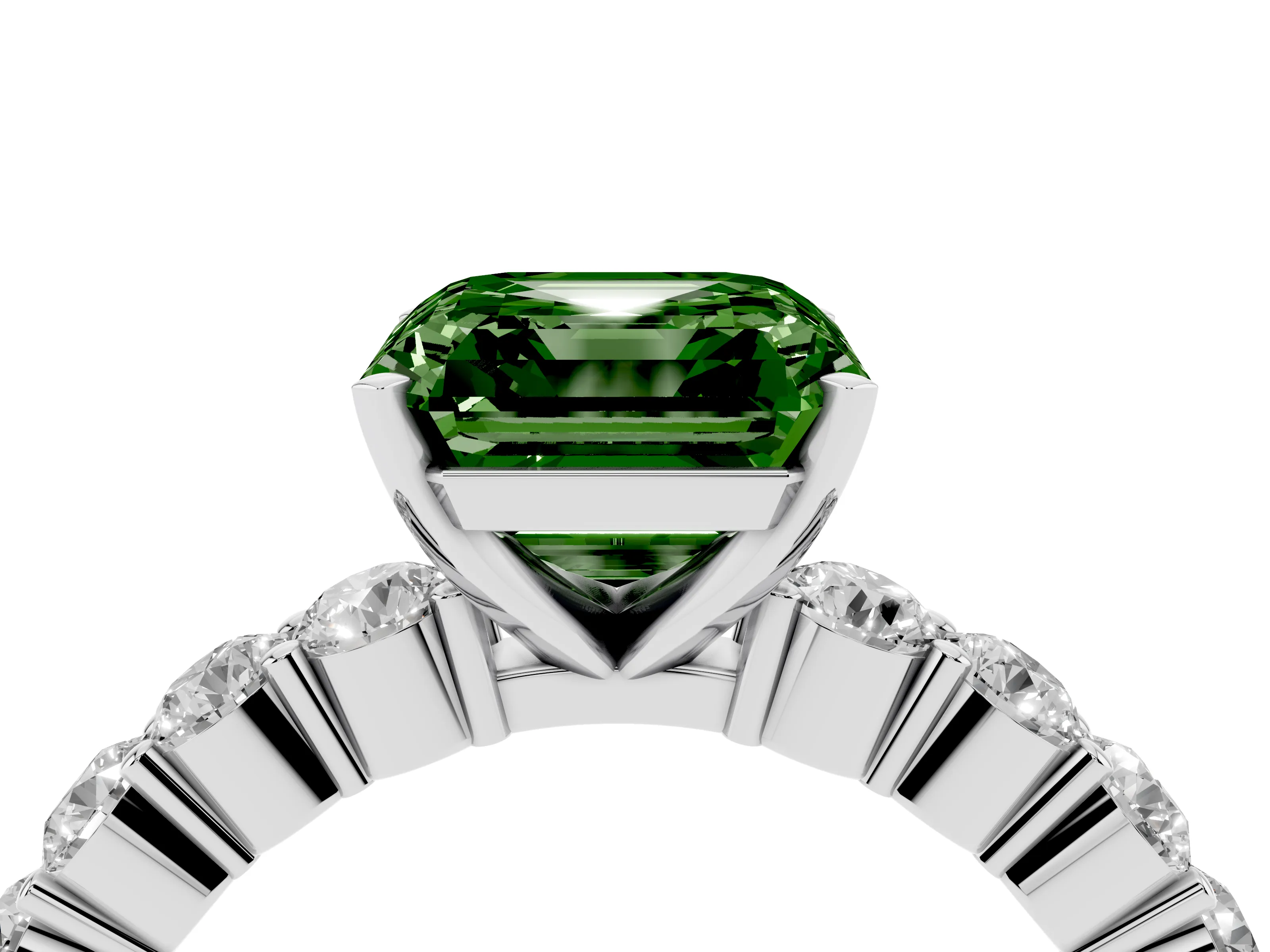 Fancy Green Asscher Cut Diamond Solitaire Ring Set in White gold with Shared Prong Round Side Stones