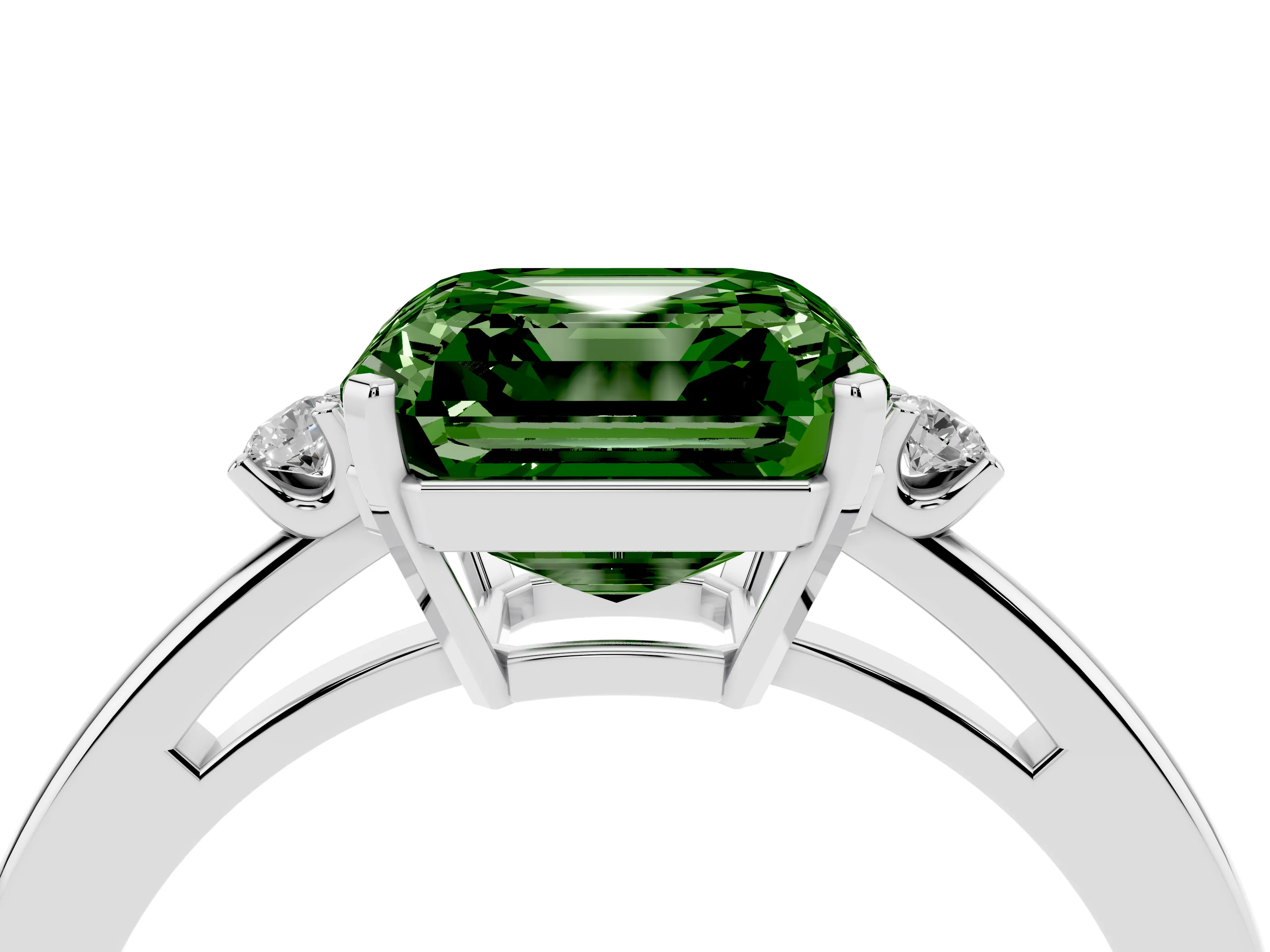 Fancy Green Three-Stone Asscher Cut Diamond Solitaire Ring Set in White gold with Round Accent Stones and Prong Setting