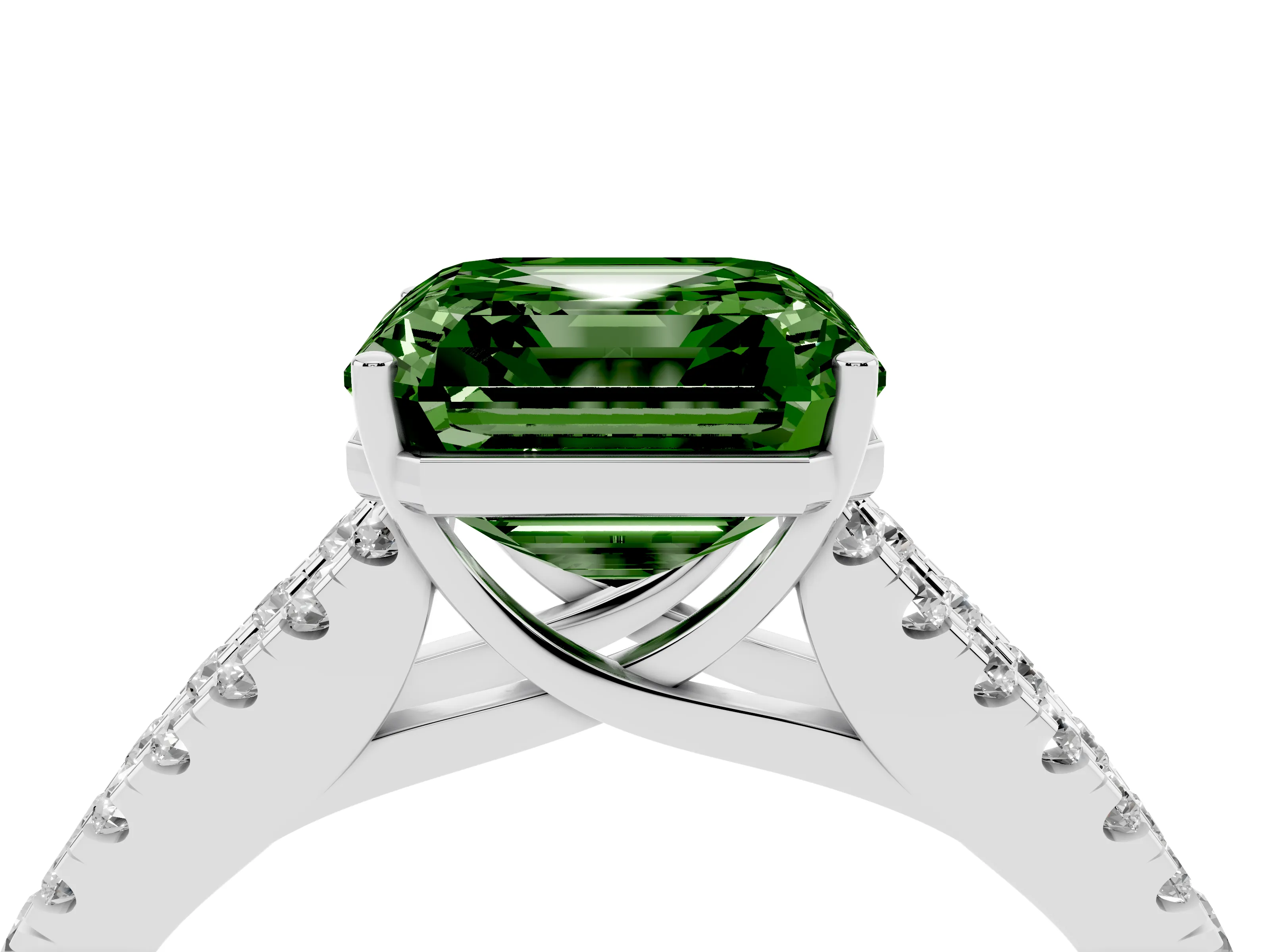 Fancy Green Asscher Cut Diamond Split Shank Pavé Engagement Ring Set in Silver with Prong-Held Center Stone