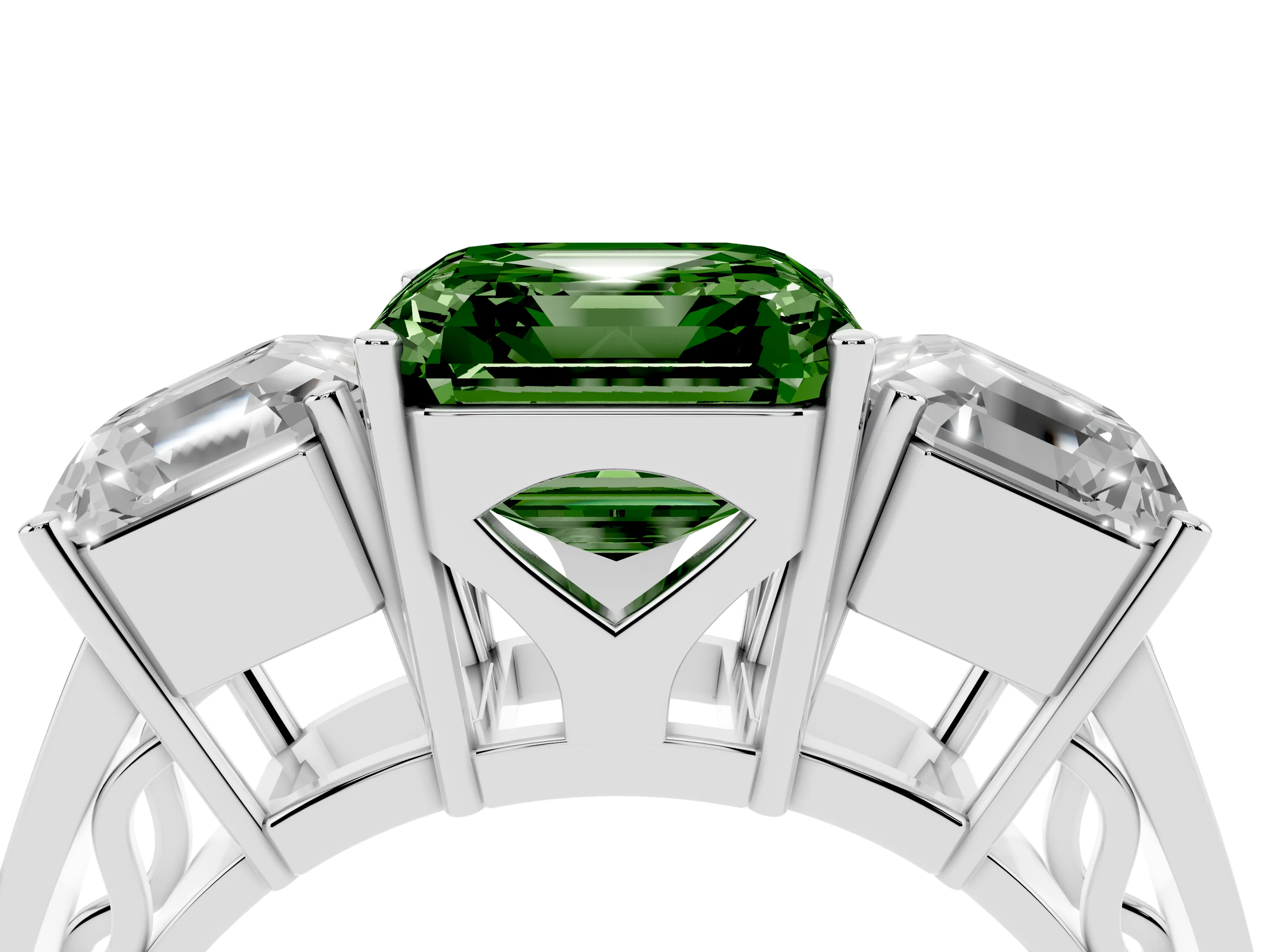 Fancy Green Asscher Cut Diamond Three-Stone Ring Set in White gold with Textured Band