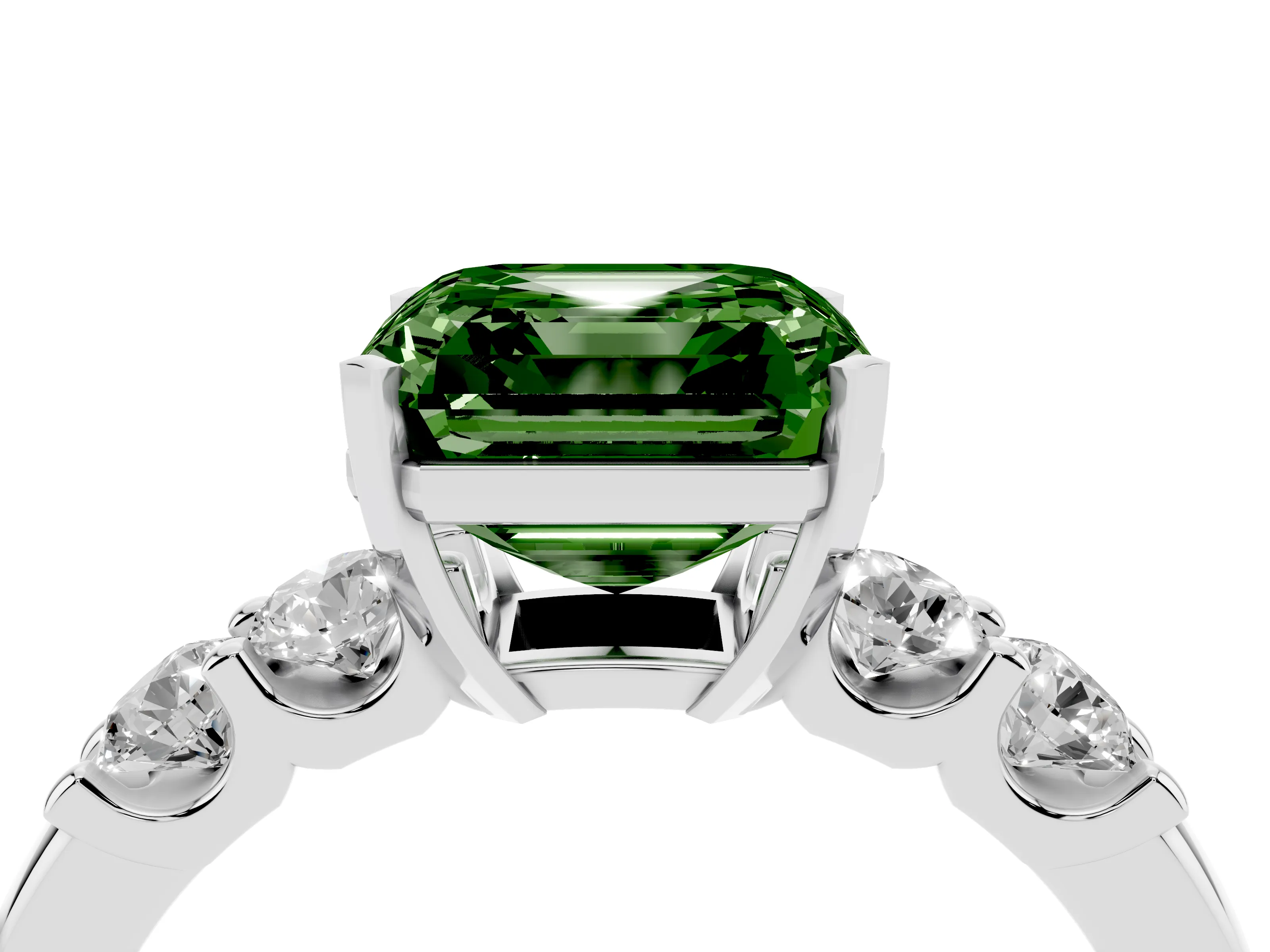Fancy Green Asscher Cut Diamond Five-Stone Prong Set Engagement Ring Set in White gold with Channel Band