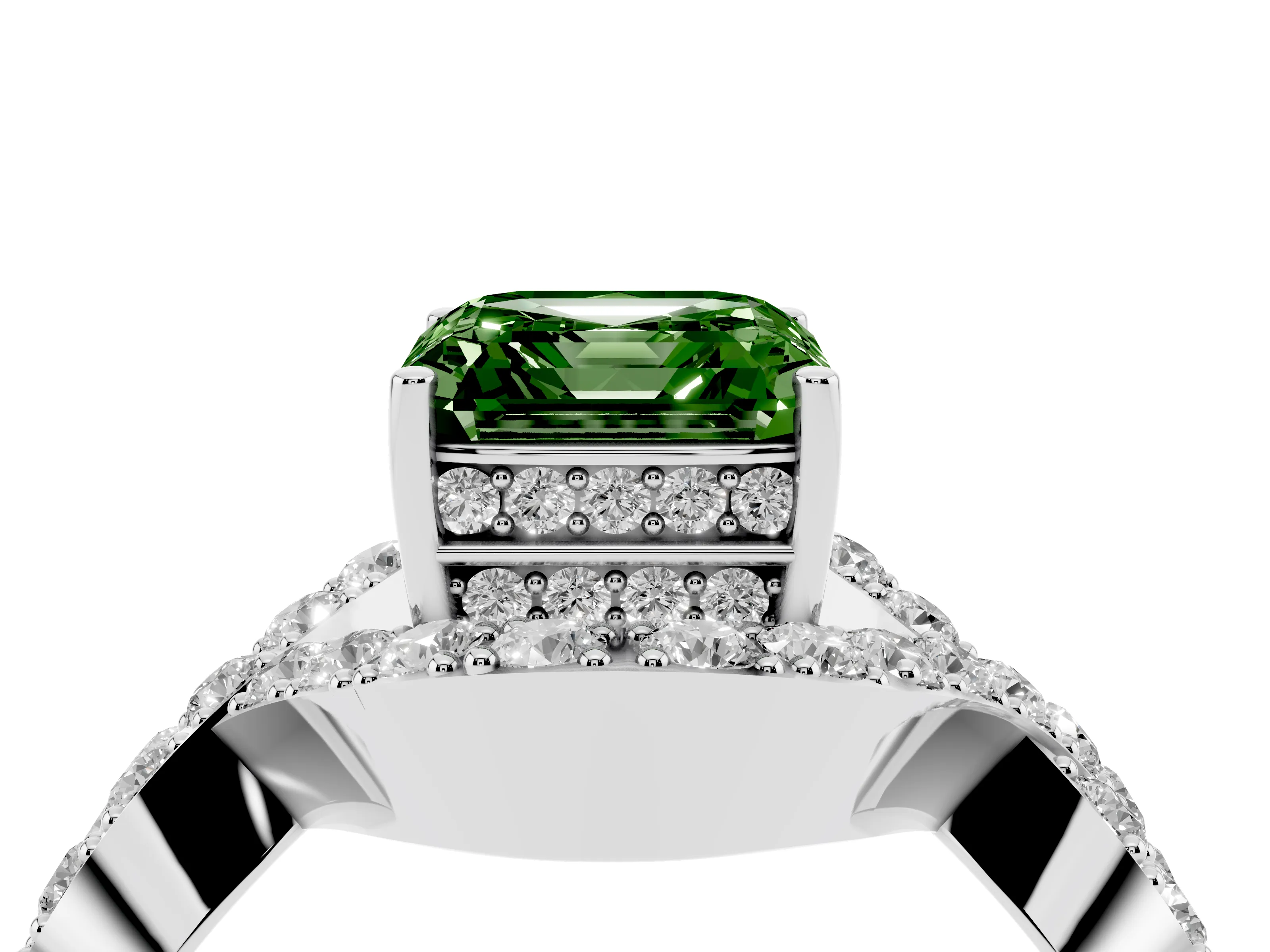Fancy Green Asscher Cut Diamond Solitaire Twist Band Pavé Engagement Ring Set in Silver