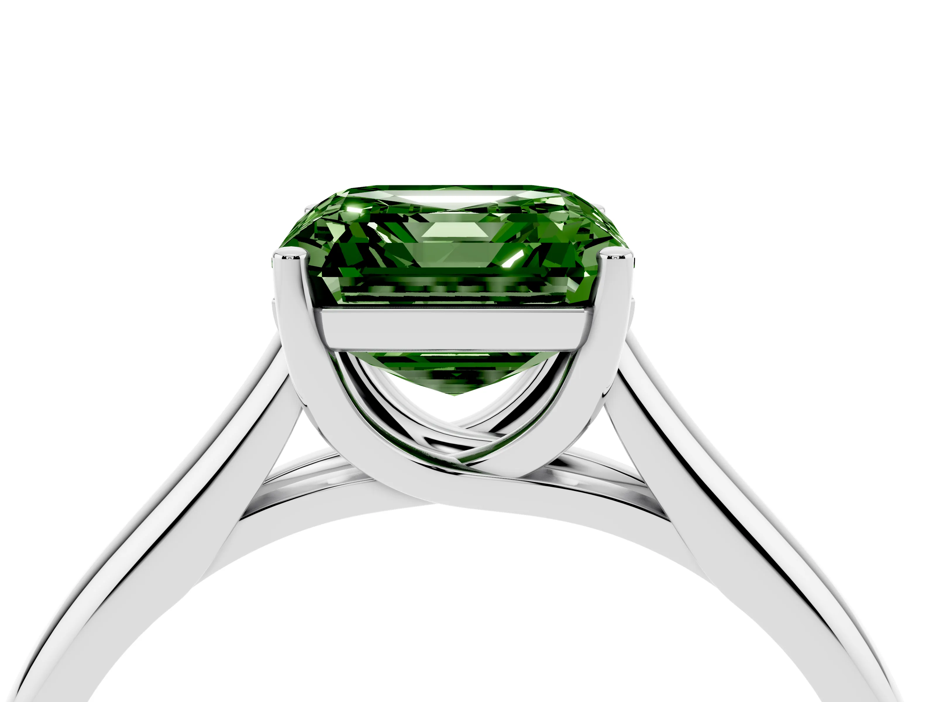 Fancy Green Asscher Cut Diamond Solitaire Engagement Ring Set in Platinum with Subtly Tapered Band and Prong Setting