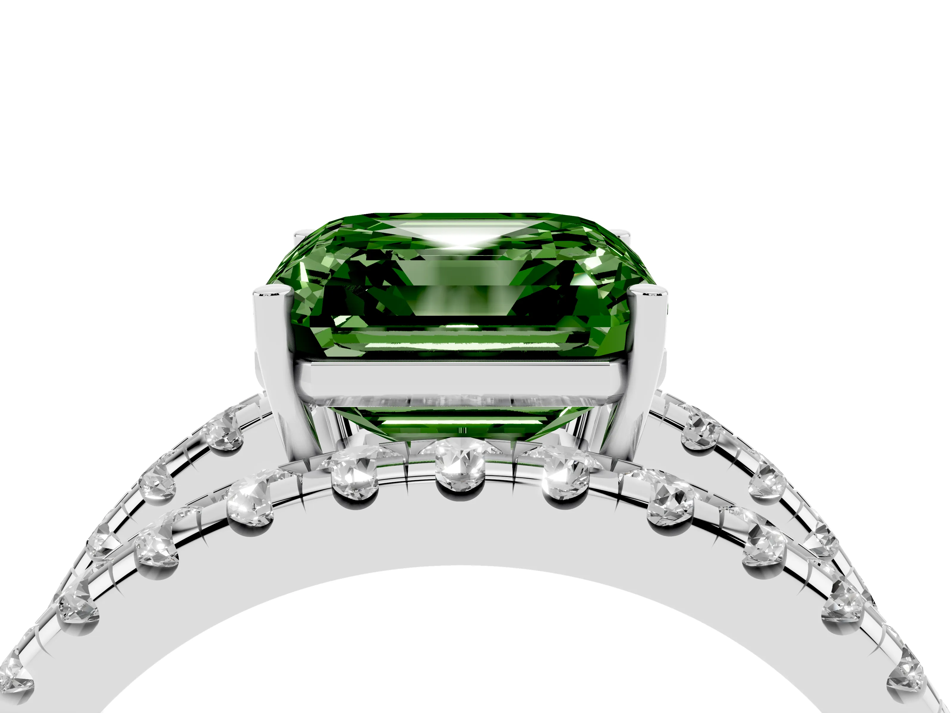 Fancy Green Asscher Cut Diamond Split Shank Pavé Solitaire Ring Set in Platinum with Open Shank Design