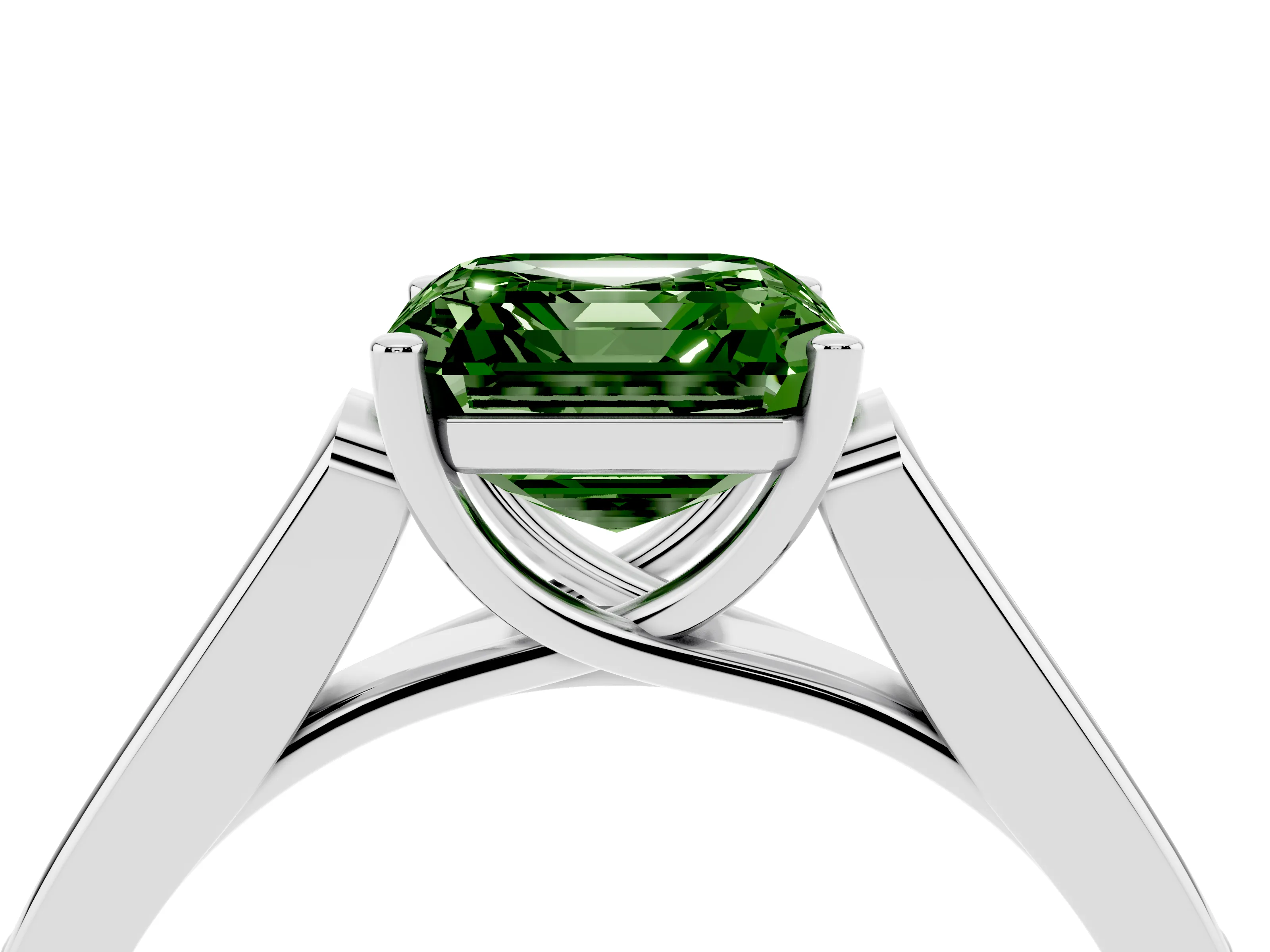 Fancy Green Asscher Cut Diamond Solitaire Cathedral Engagement Ring Set in White gold with Channel-Set Band and Prong Setting