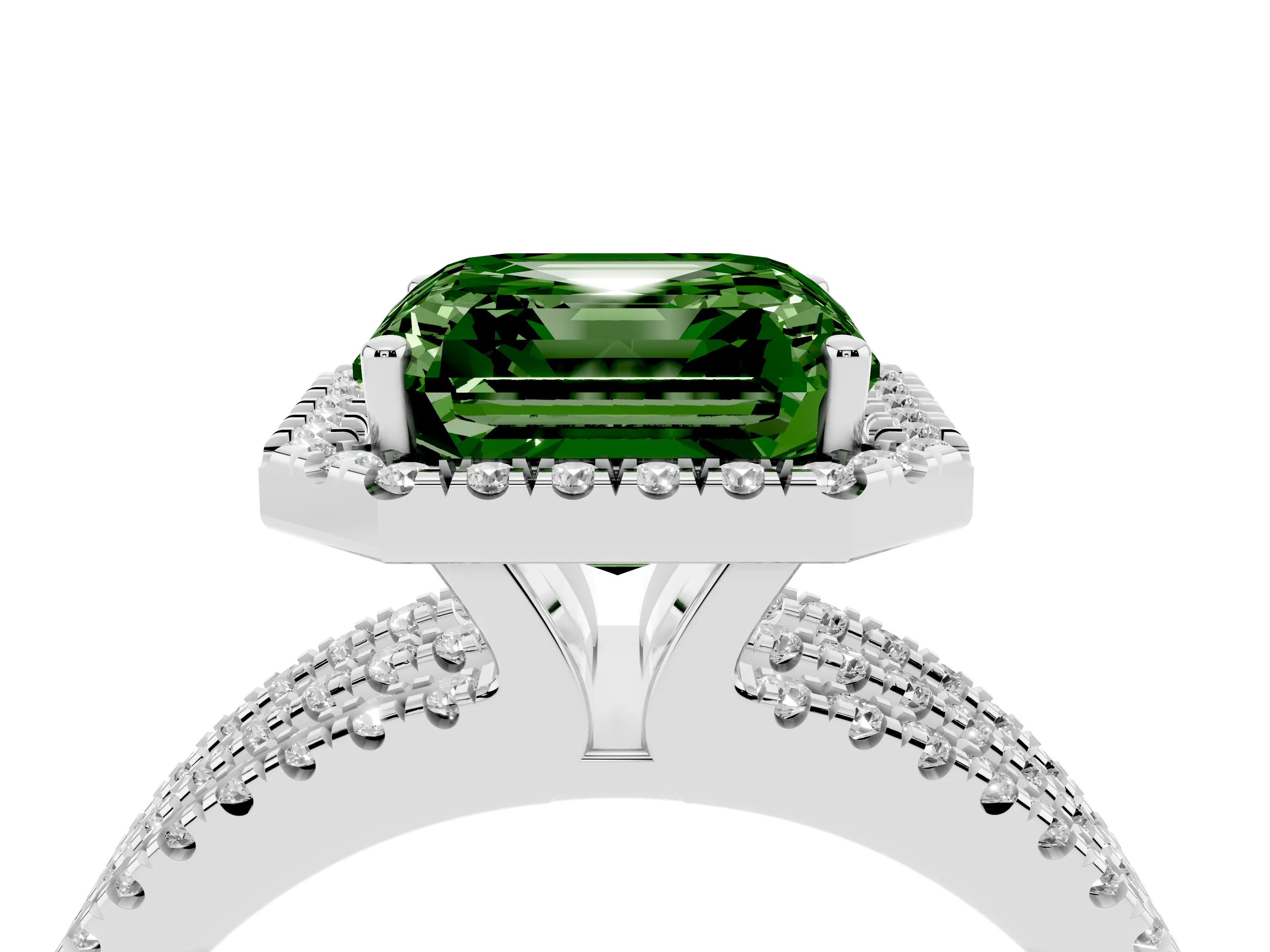 Fancy Green Asscher Cut Diamond Halo Split Shank Engagement Ring Set in Silver with Prong Setting