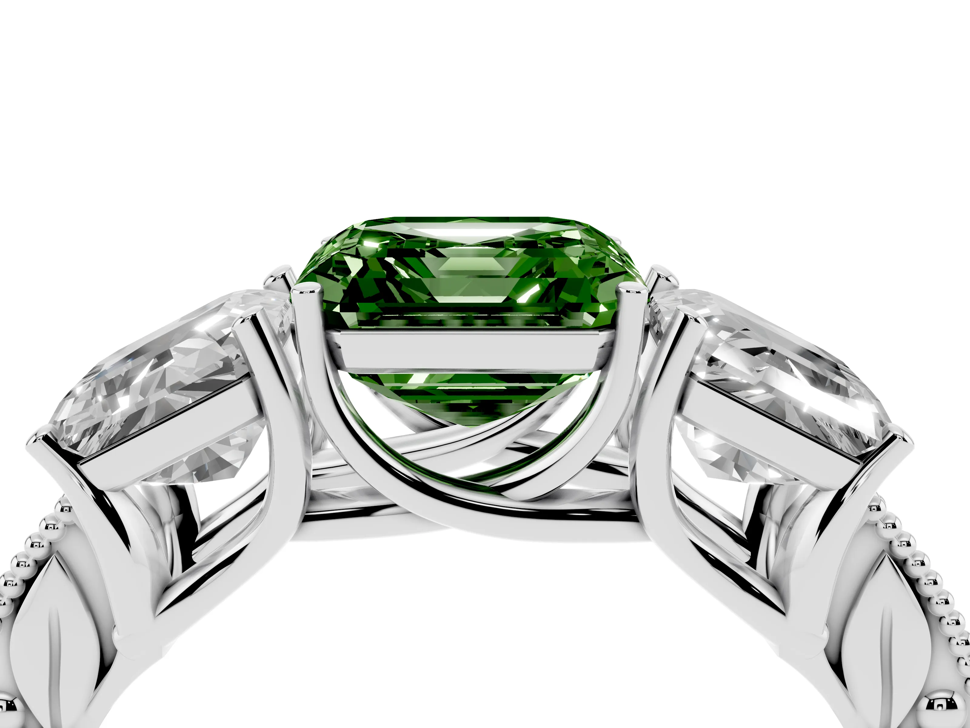 Fancy Green Asscher Cut Diamond Three-Stone Engagement Ring Set in Platinum with Milgrain Pavé Band