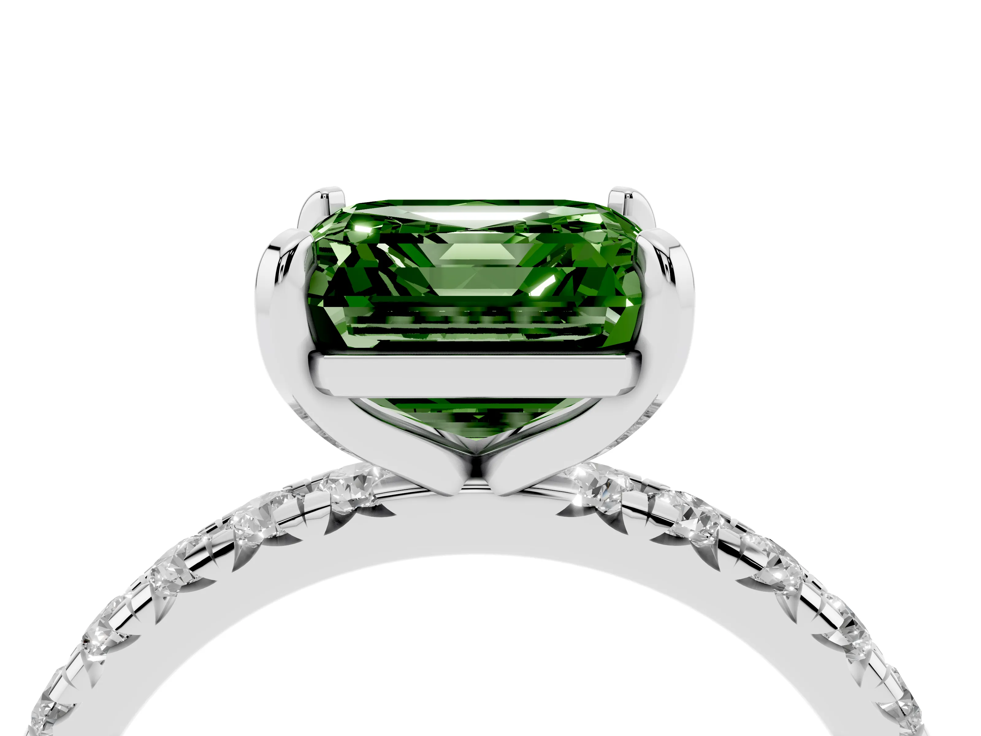 Fancy Green Asscher Cut Diamond Pavé Solitaire Ring Set in White gold with Round Band and Prong Setting