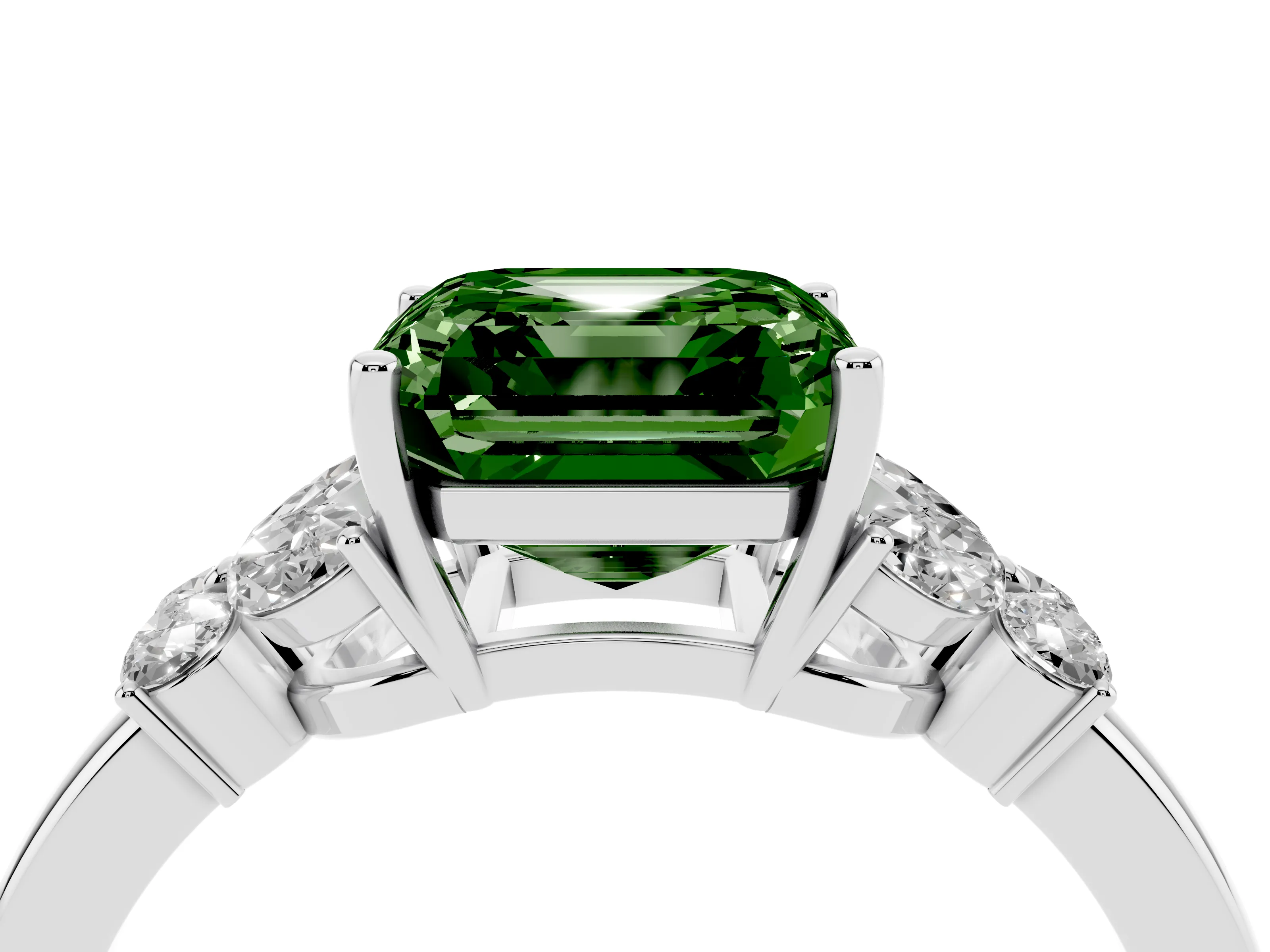 Fancy Green Asscher Cut Diamond Solitaire Floral Ring Set in Platinum with Marquise Petals and Prong Setting