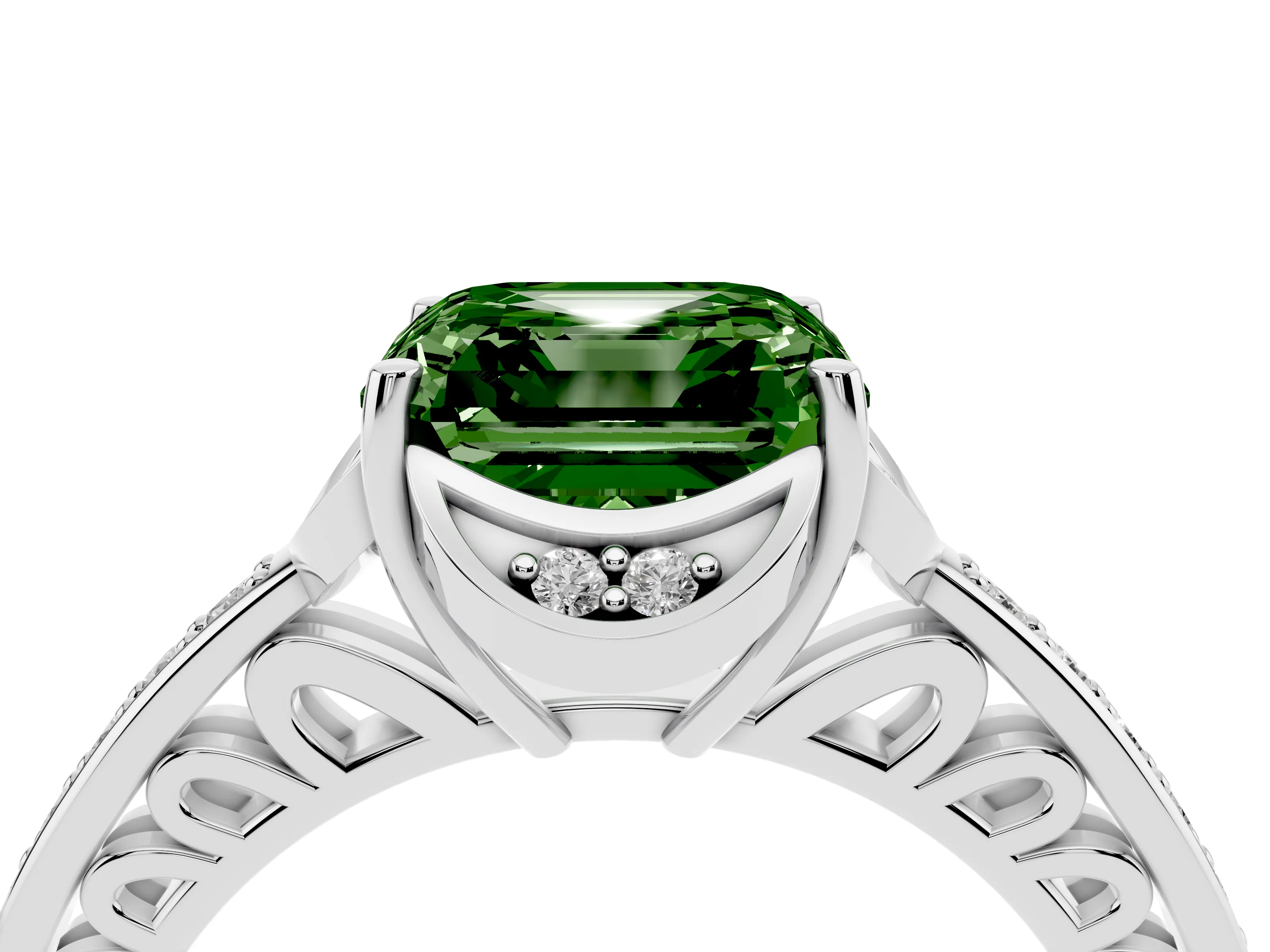 Fancy Green Asscher Cut Diamond Halo Ring Set in Platinum with Channel Set Band and Prong Setting