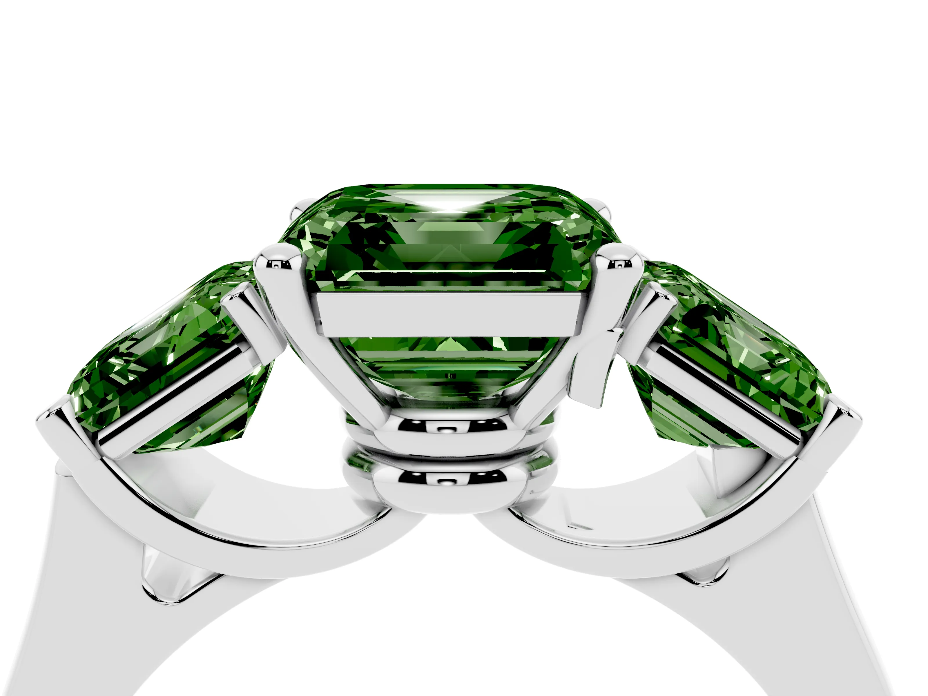 Fancy Green Asscher Cut Diamond Three-Stone Trellis Ring Set in White gold with Comfort Fit Band