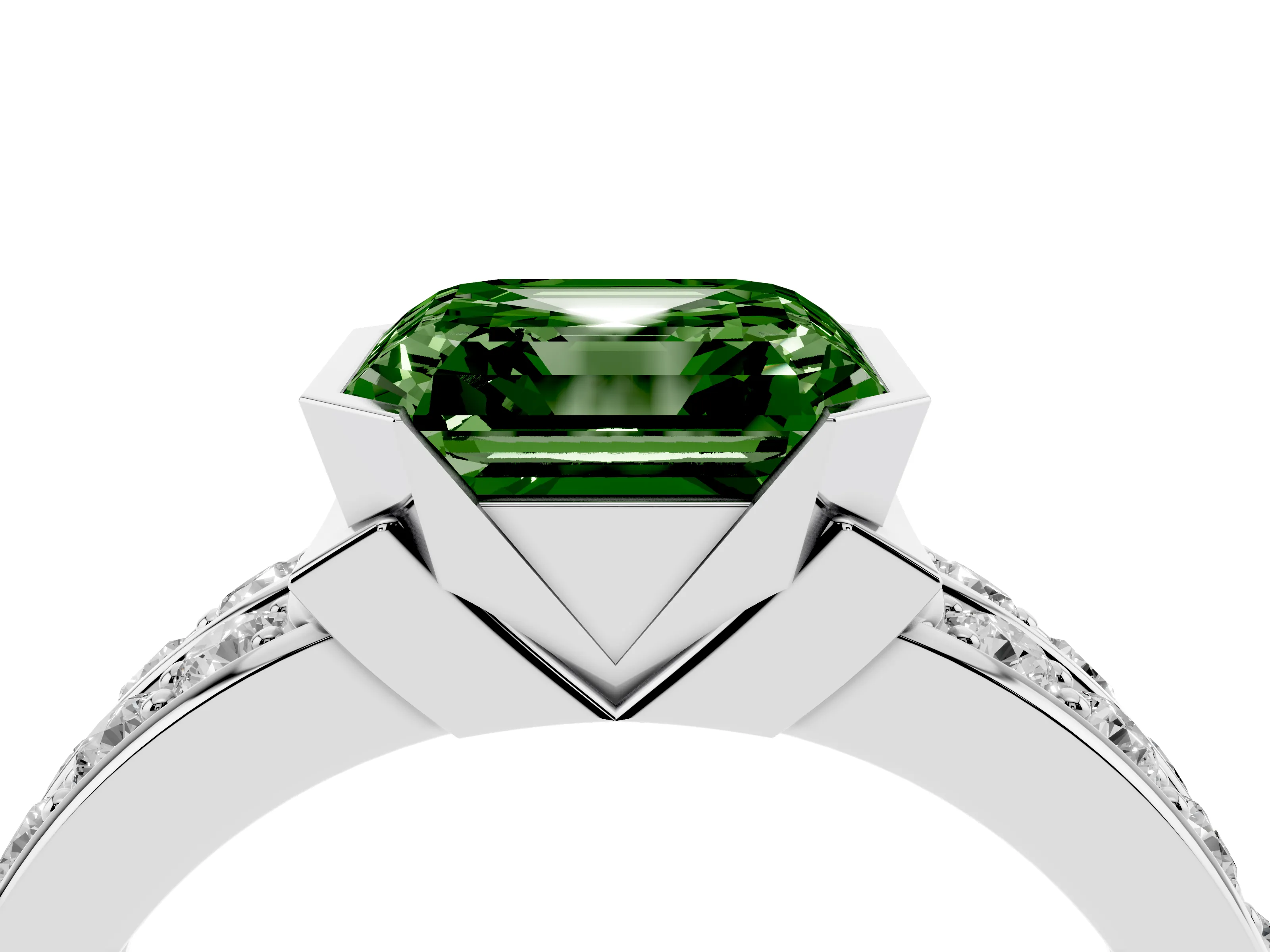 Fancy Green Asscher Cut Diamond Wide Channel Set Band Ring Set in Platinum with Bezel Setting