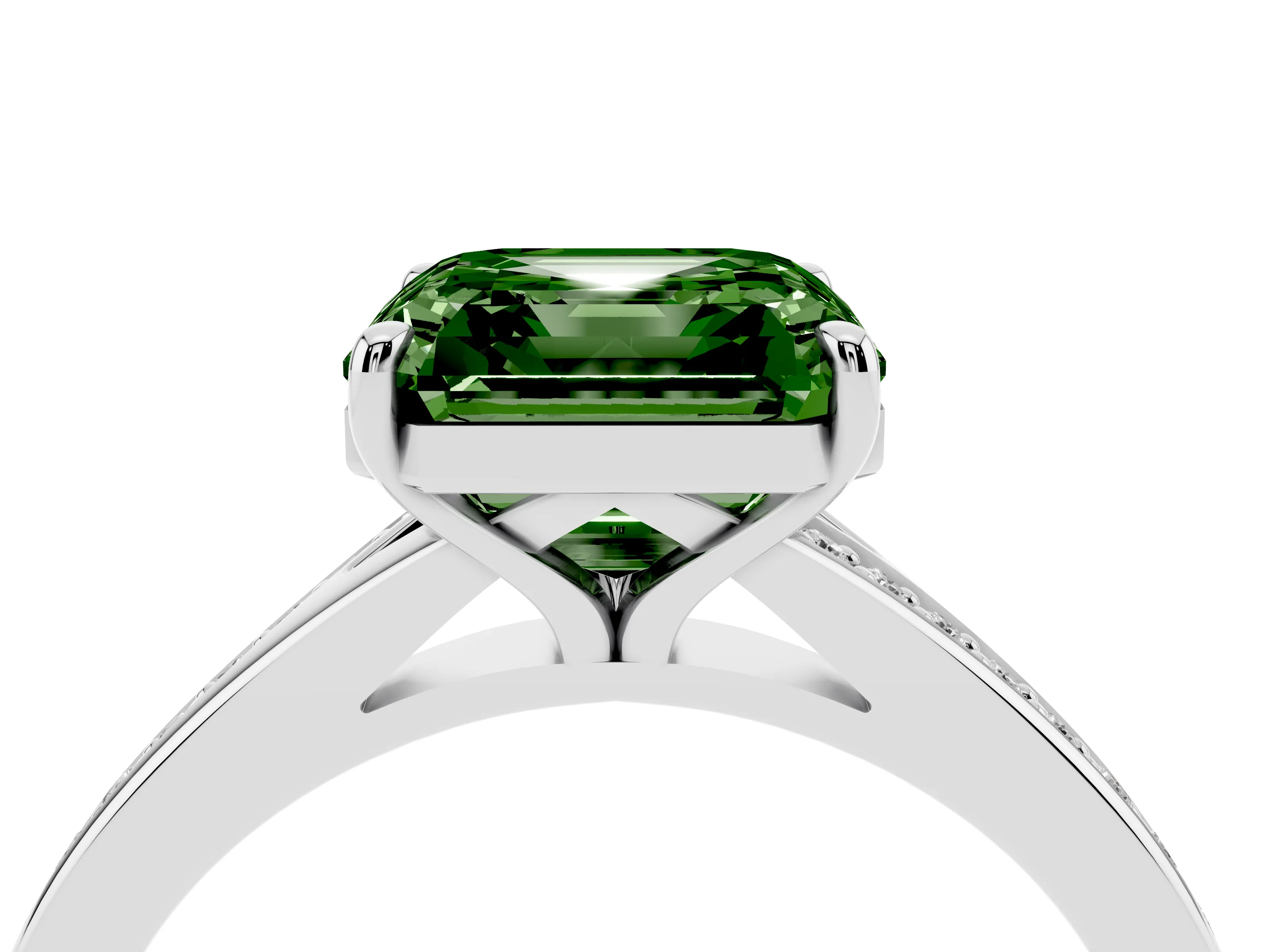 Fancy Green Asscher Cut Diamond Solitaire Ring Set in Platinum with Pavé Accent Band and Classic Prong Setting