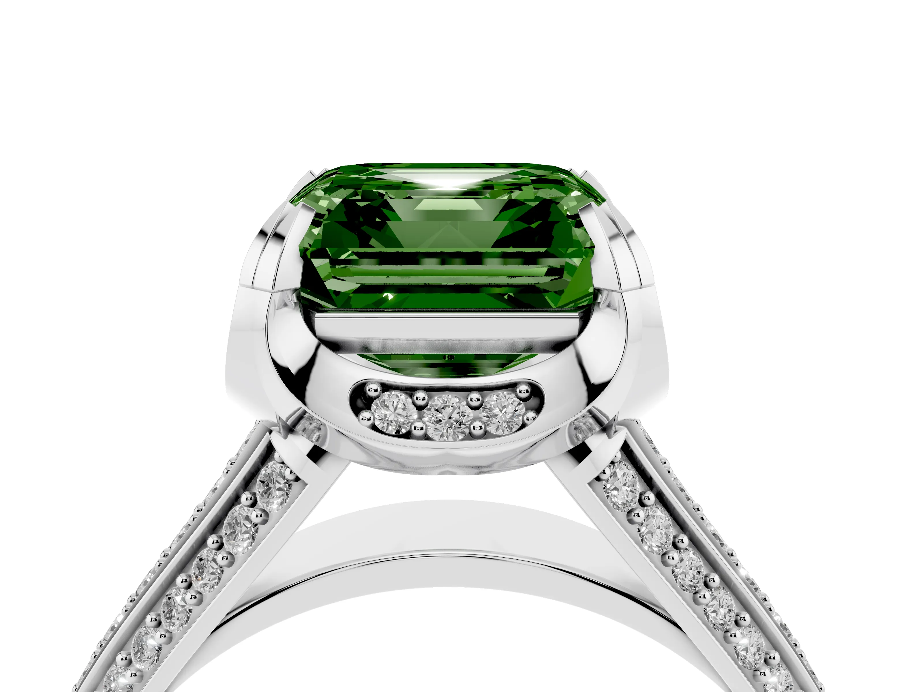 Fancy Green Asscher Cut Diamond Pavé Split Shank Solitaire Ring Set in Platinum with Prong Setting