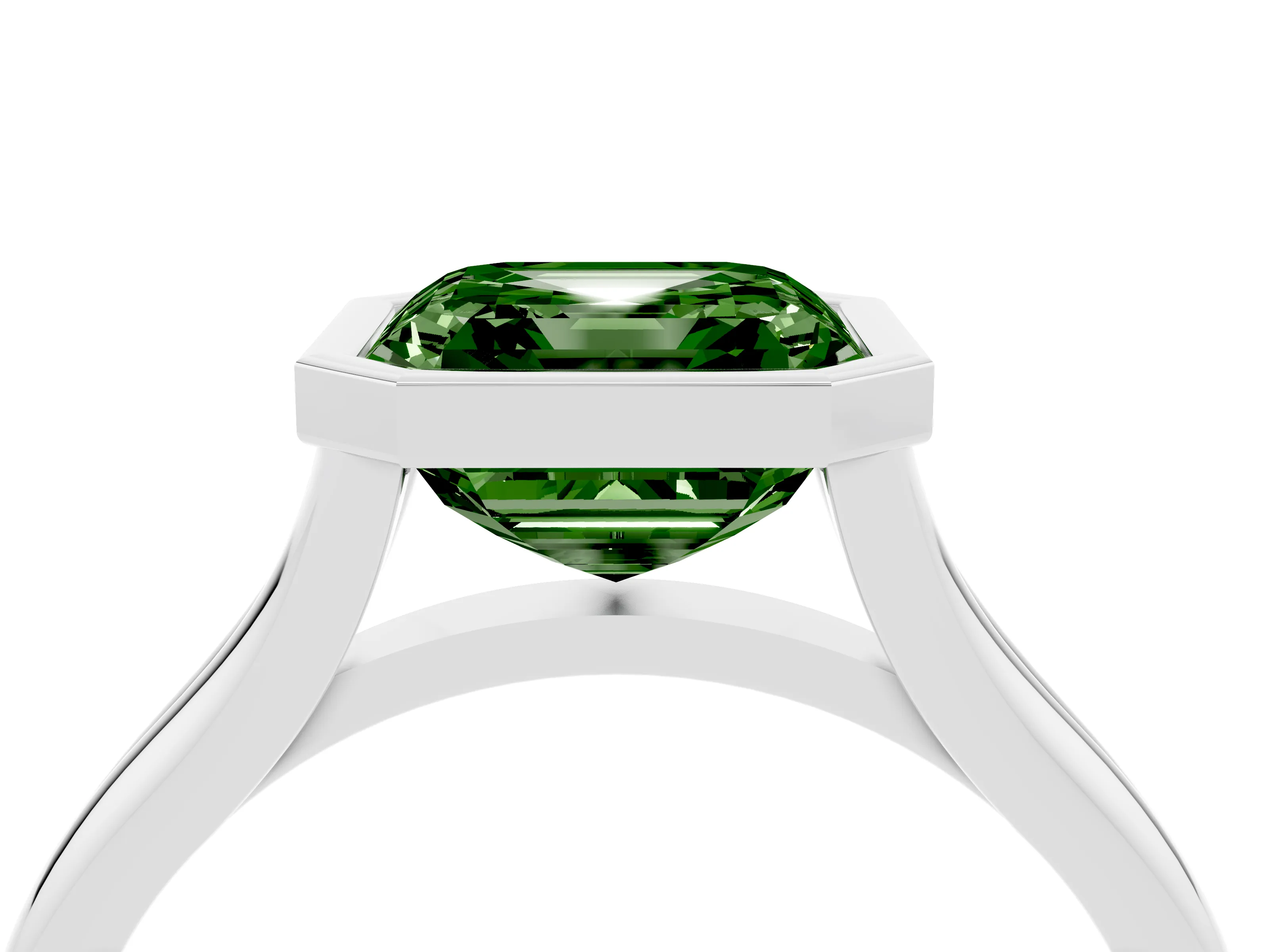 Fancy Green Bezel Set Asscher Cut Diamond Solitaire Ring Set in White gold with Tapered Band