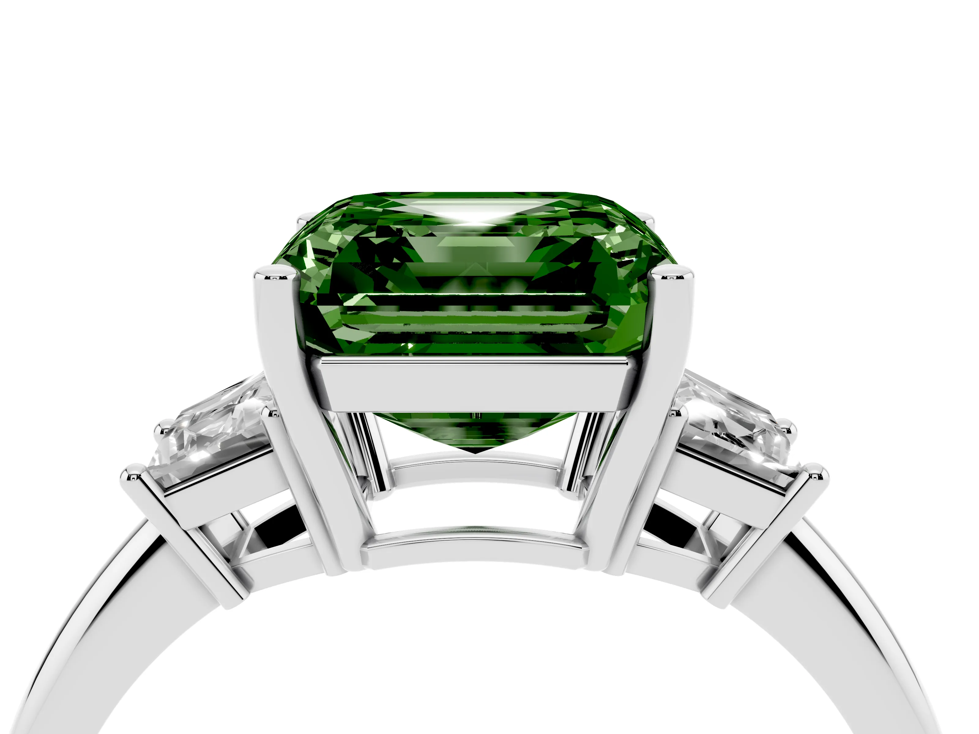 Fancy Green Asscher Cut Diamond Three-Stone Ring Set in Silver with Trapezoid Side Stones and Prong Setting