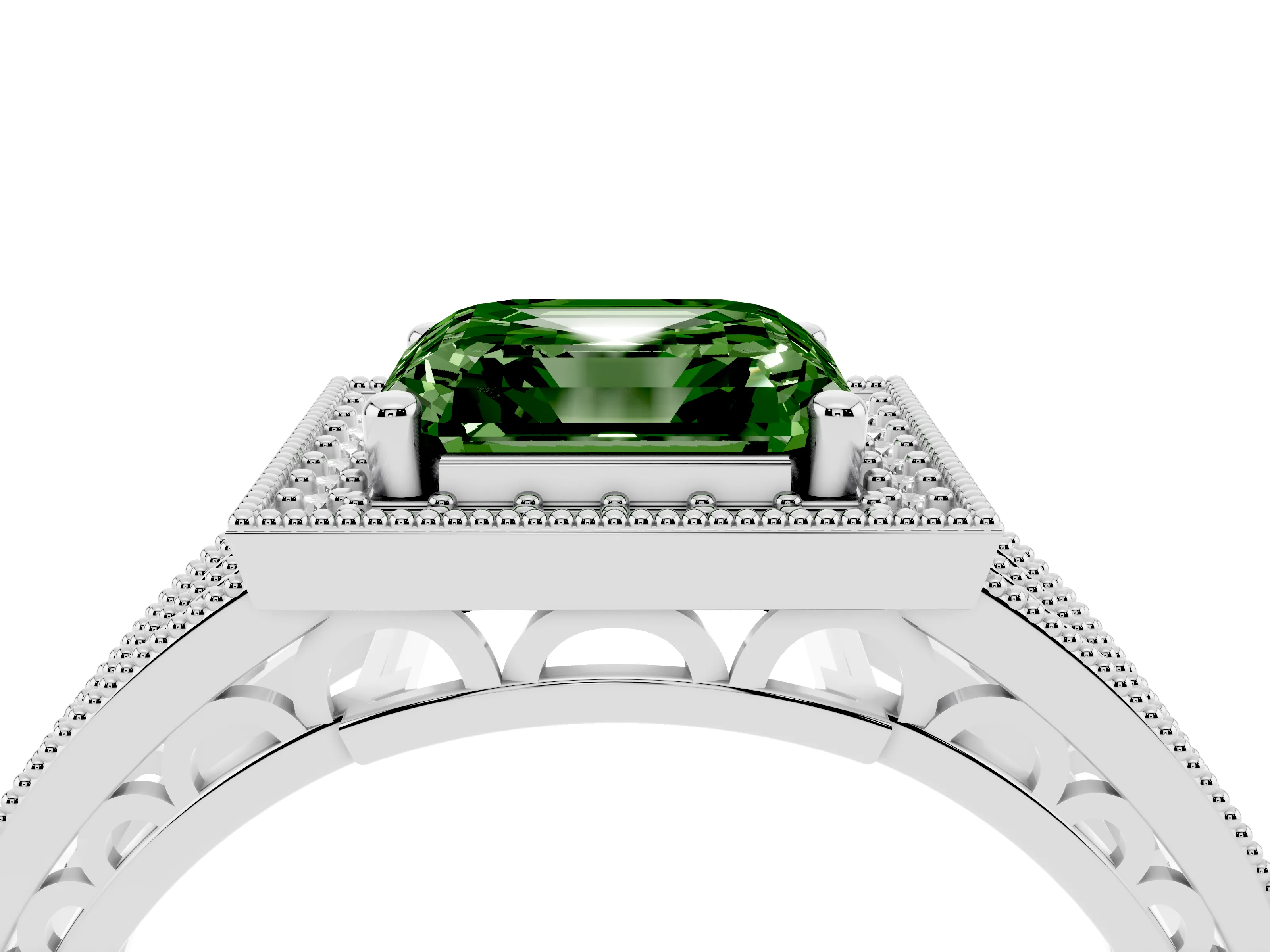 Fancy Green Asscher Cut Diamond Halo Ring Set in Silver with Accent Split Shank and Prong Setting