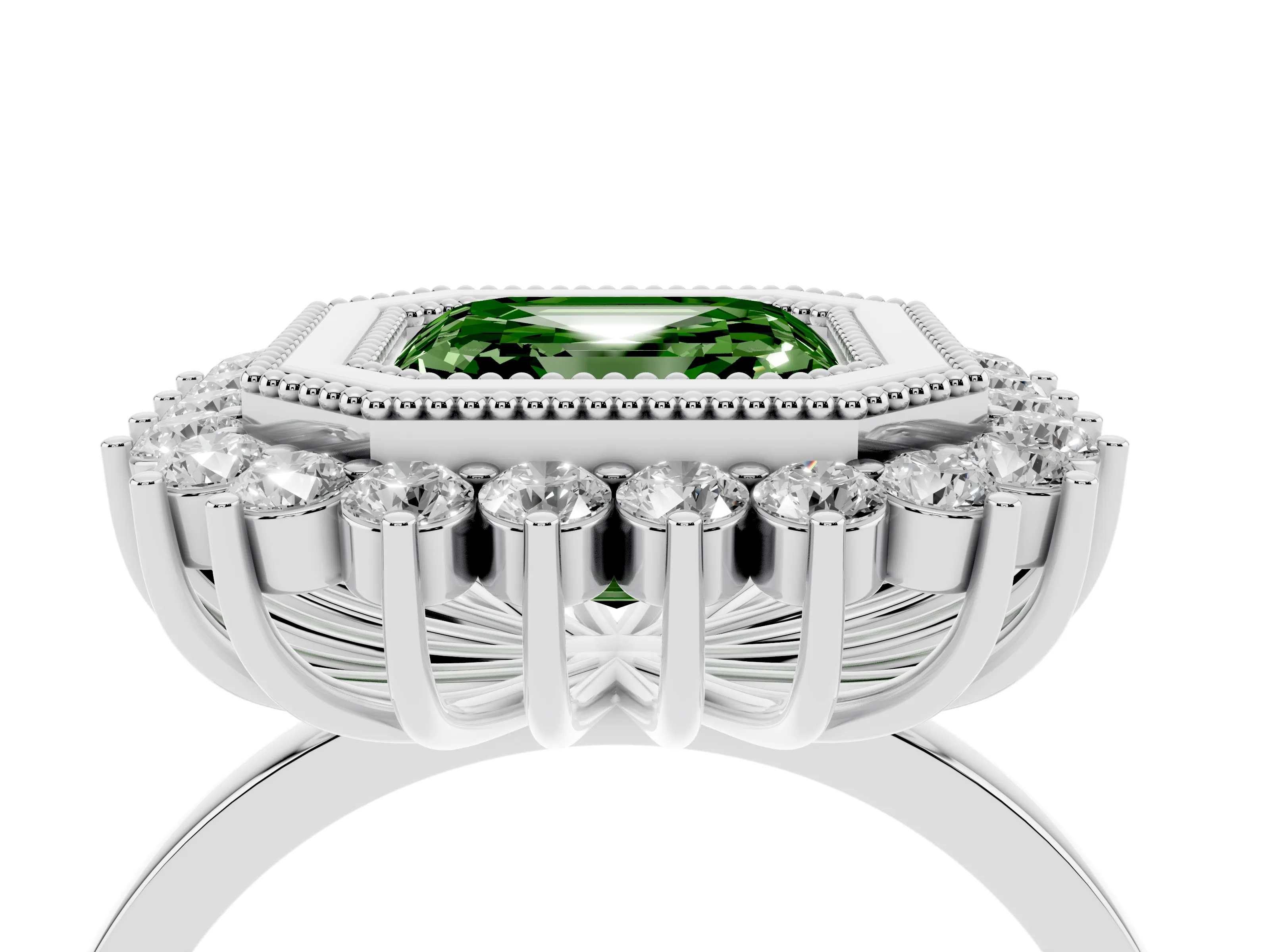 Fancy Green Asscher Cut Diamond Halo Ring Set in Silver with Milgrain Edge and Round Prong Setting