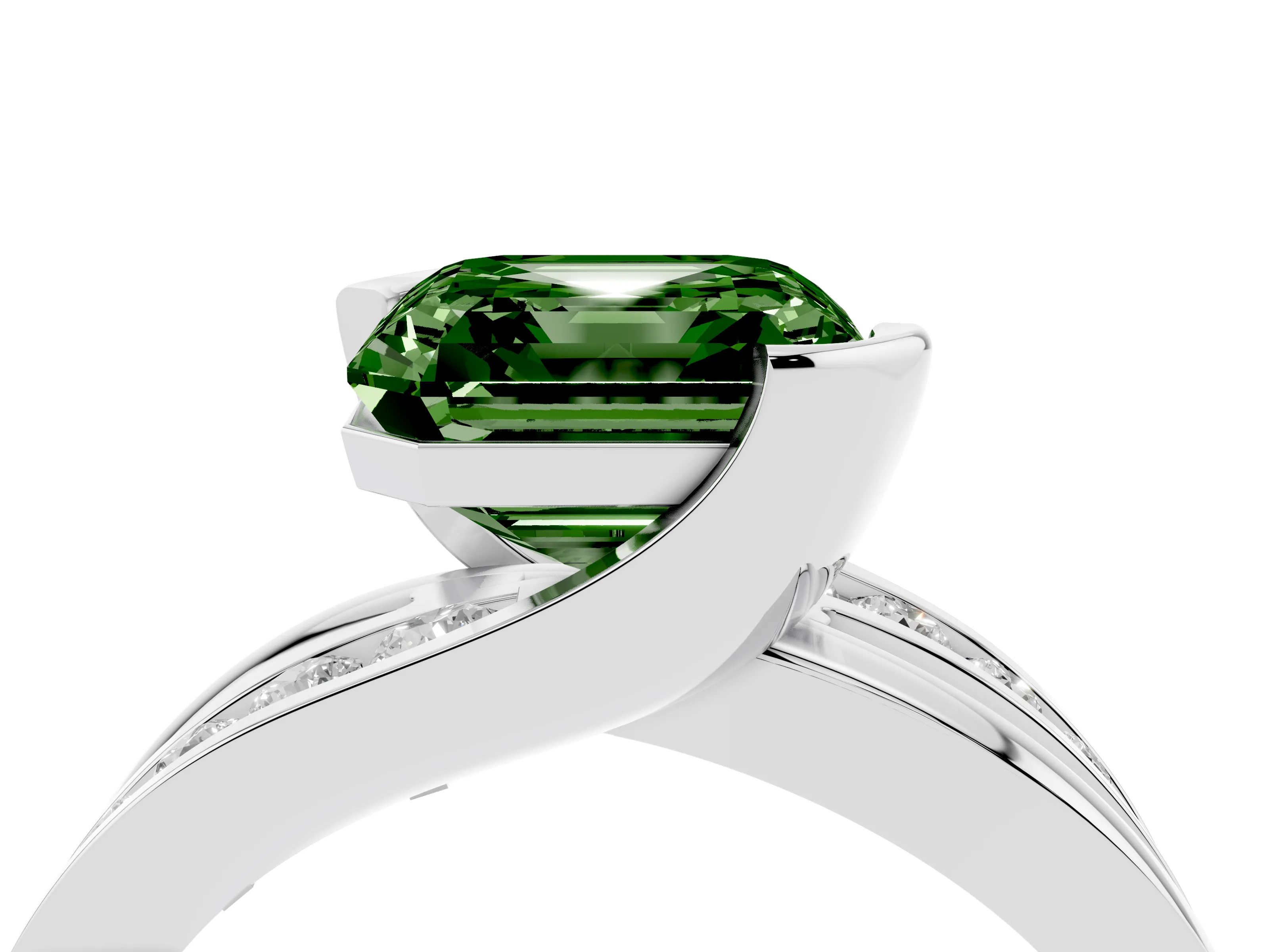 Fancy Green Asscher Cut Diamond Solitaire Ring Set in Platinum with Channel Set Split Shank and Tension Prongs