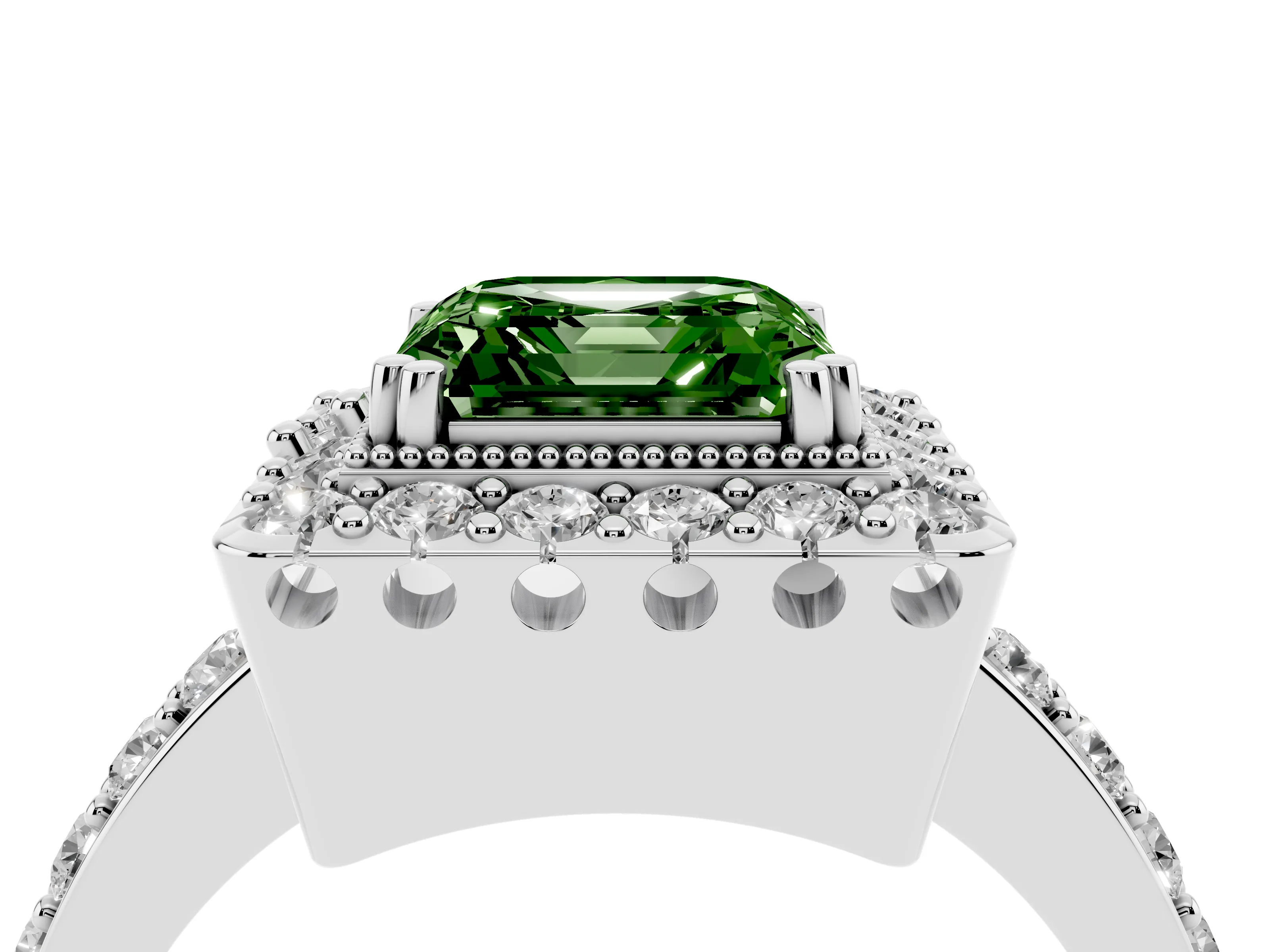 Fancy Green Asscher Cut Diamond Halo Ring Set in White gold with Pavé Shank and Prong Setting