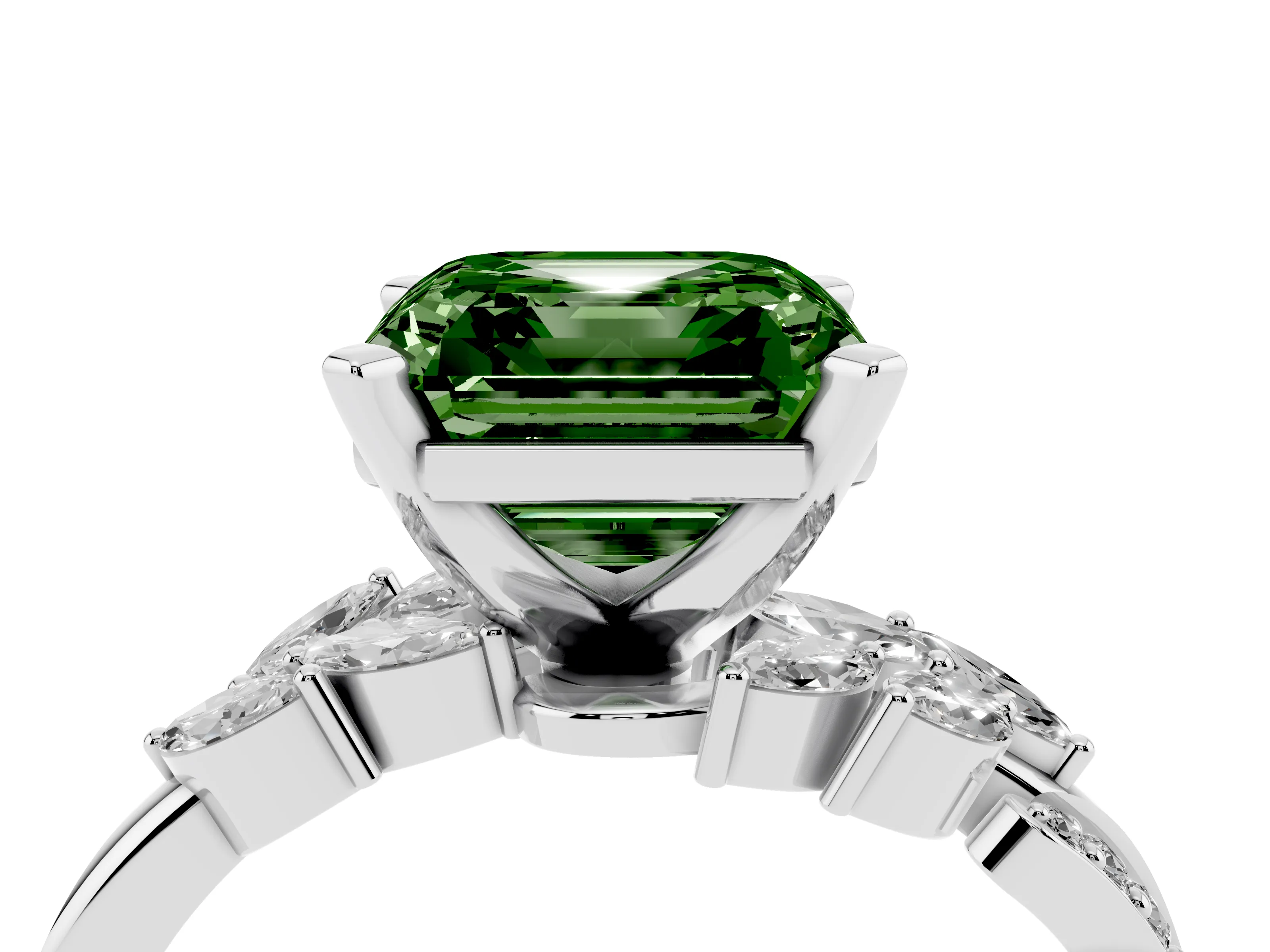 Fancy Green Asscher Cut Diamond Solitaire Ring Set in White gold with Marquise Twist Band and Prong Setting