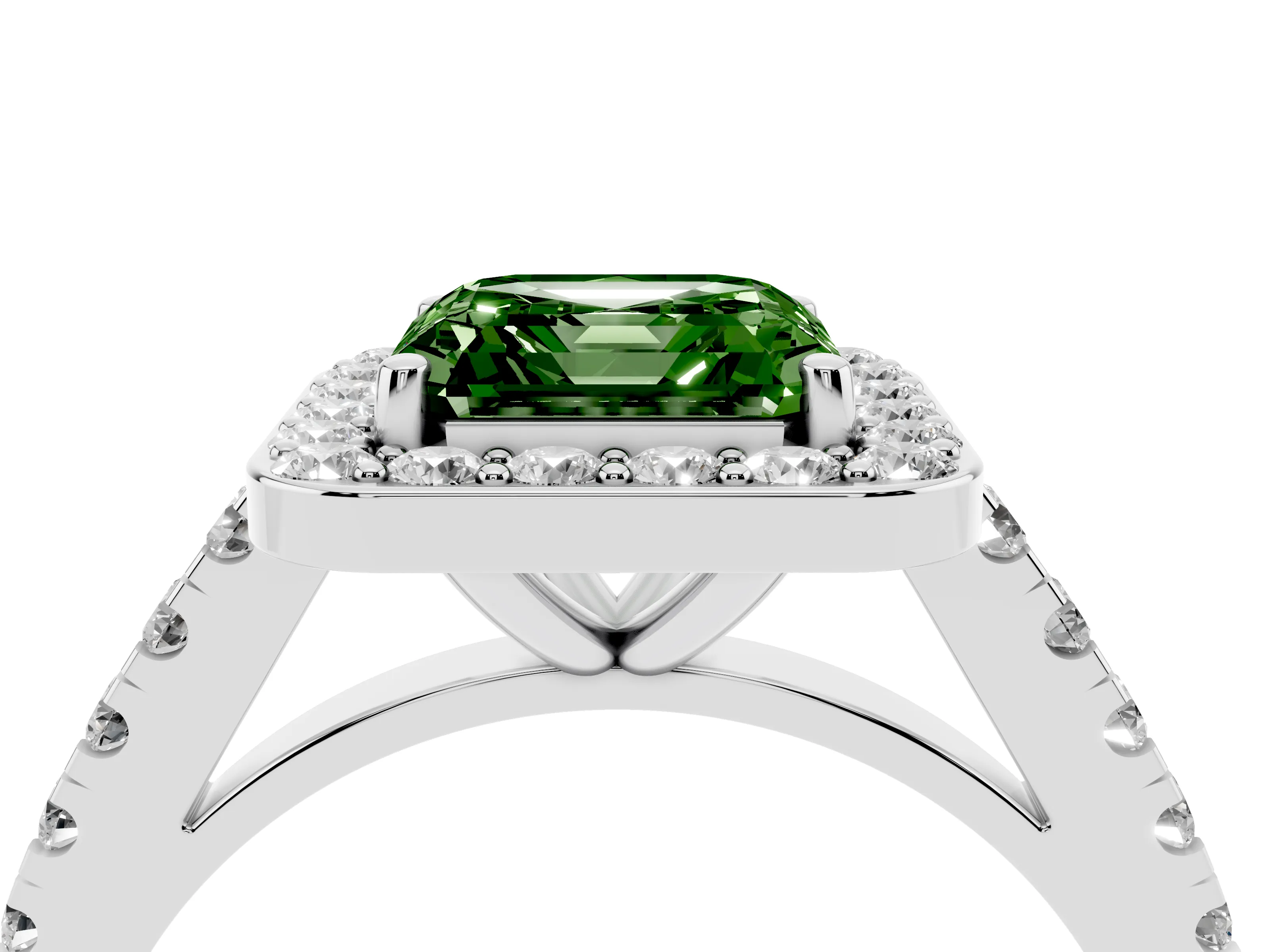 Fancy Green Asscher Cut Diamond Halo Ring Set in Platinum with Round Pavé Split Shank and Prong Setting